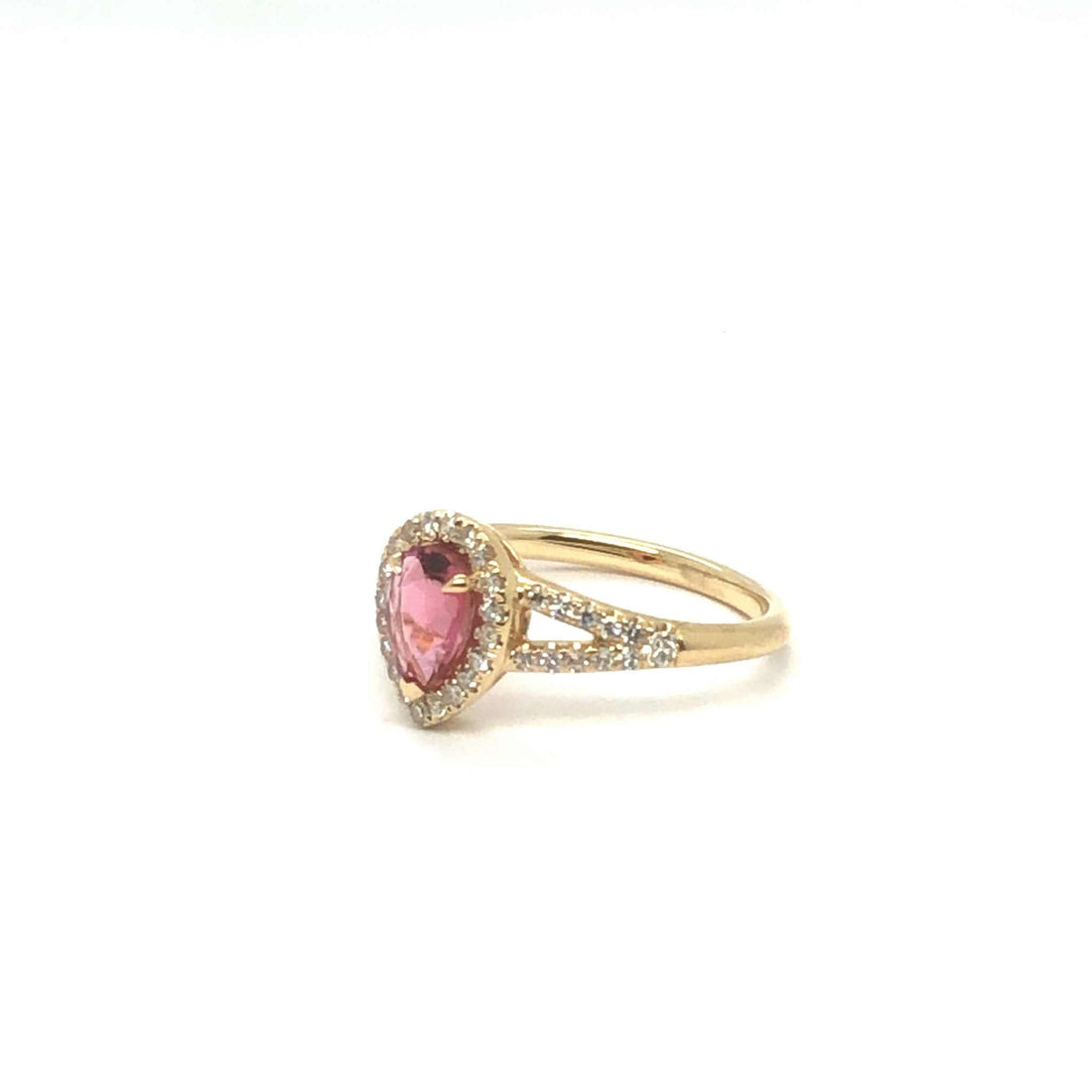 GiGi Alternative Engagement Ring with pink tourmaline center and diamond accents on gold band