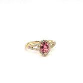 GiGi Alternative Engagement Ring with pink tourmaline center stone and diamond halo on gold band