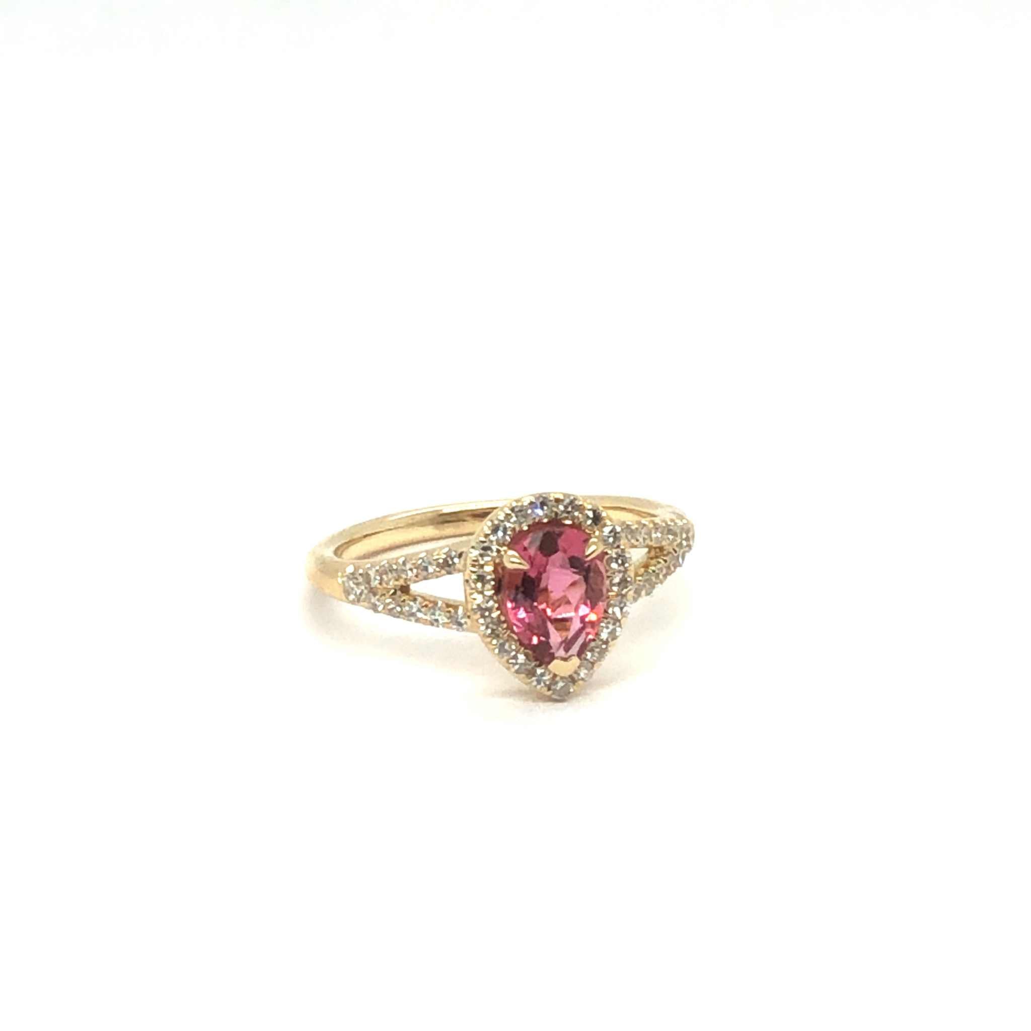 GiGi Alternative Engagement Ring with pink tourmaline center stone and diamond halo on gold band