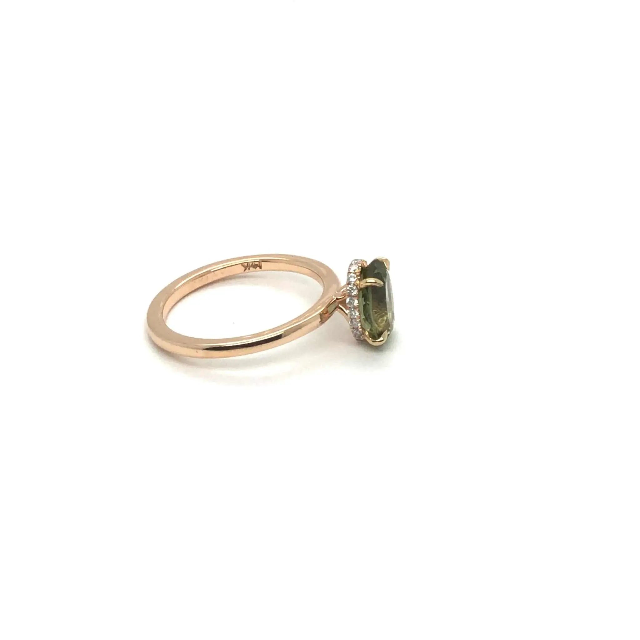 Gloria Alternative Engagement Ring with hidden halo and green center stone in rose gold setting