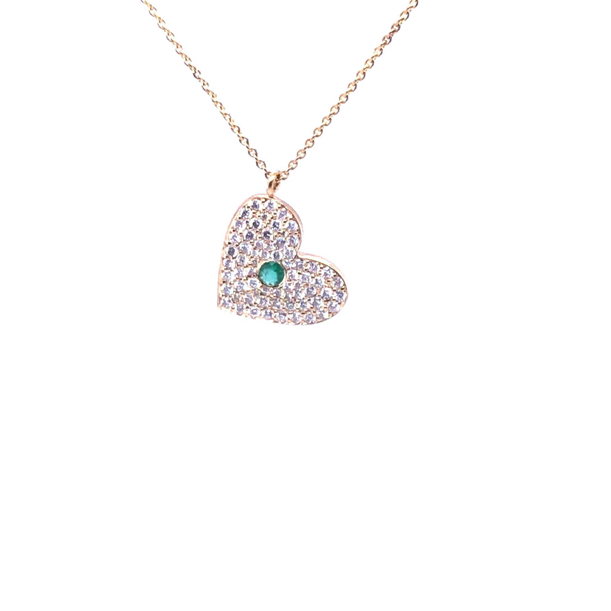 Emi Diamond Necklace 14k yellow gold heart pendant with natural diamonds and emerald centerpiece