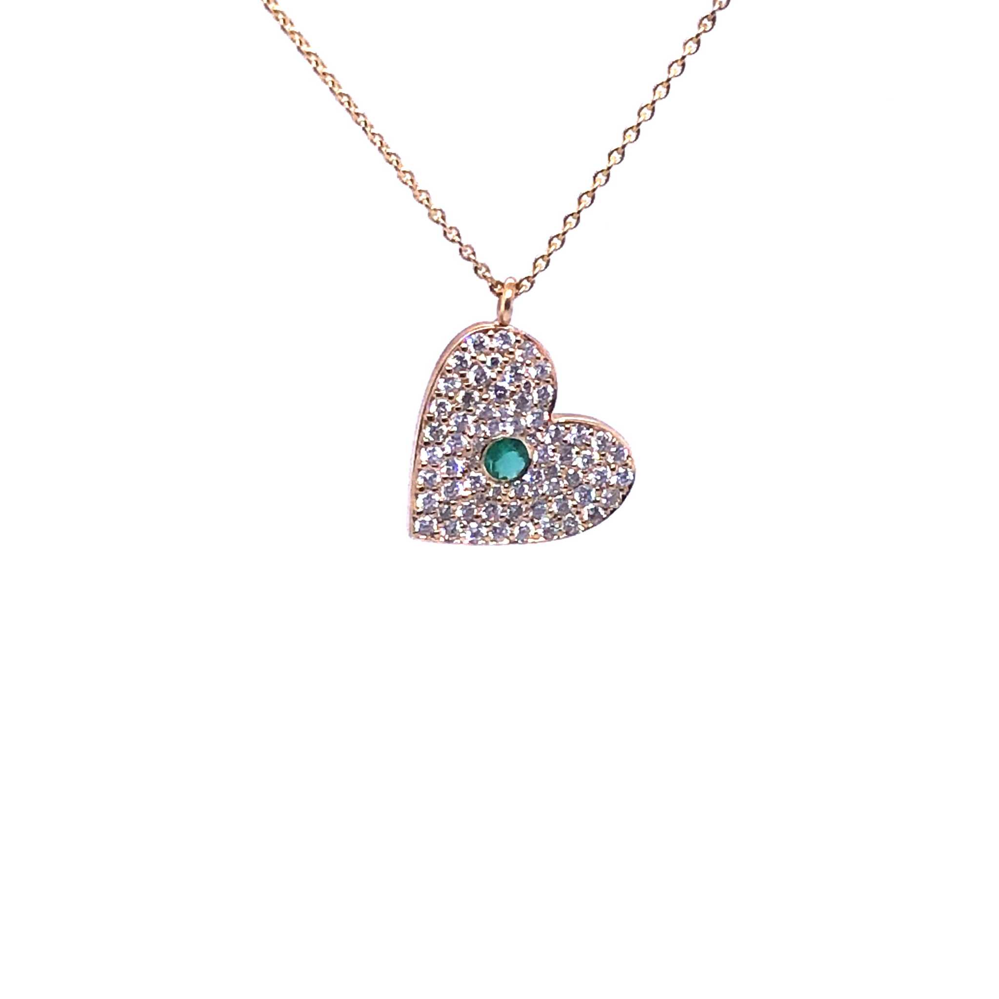 Emi Diamond Necklace heart-shaped pendant with sparkling diamonds and green gemstone on gold chain