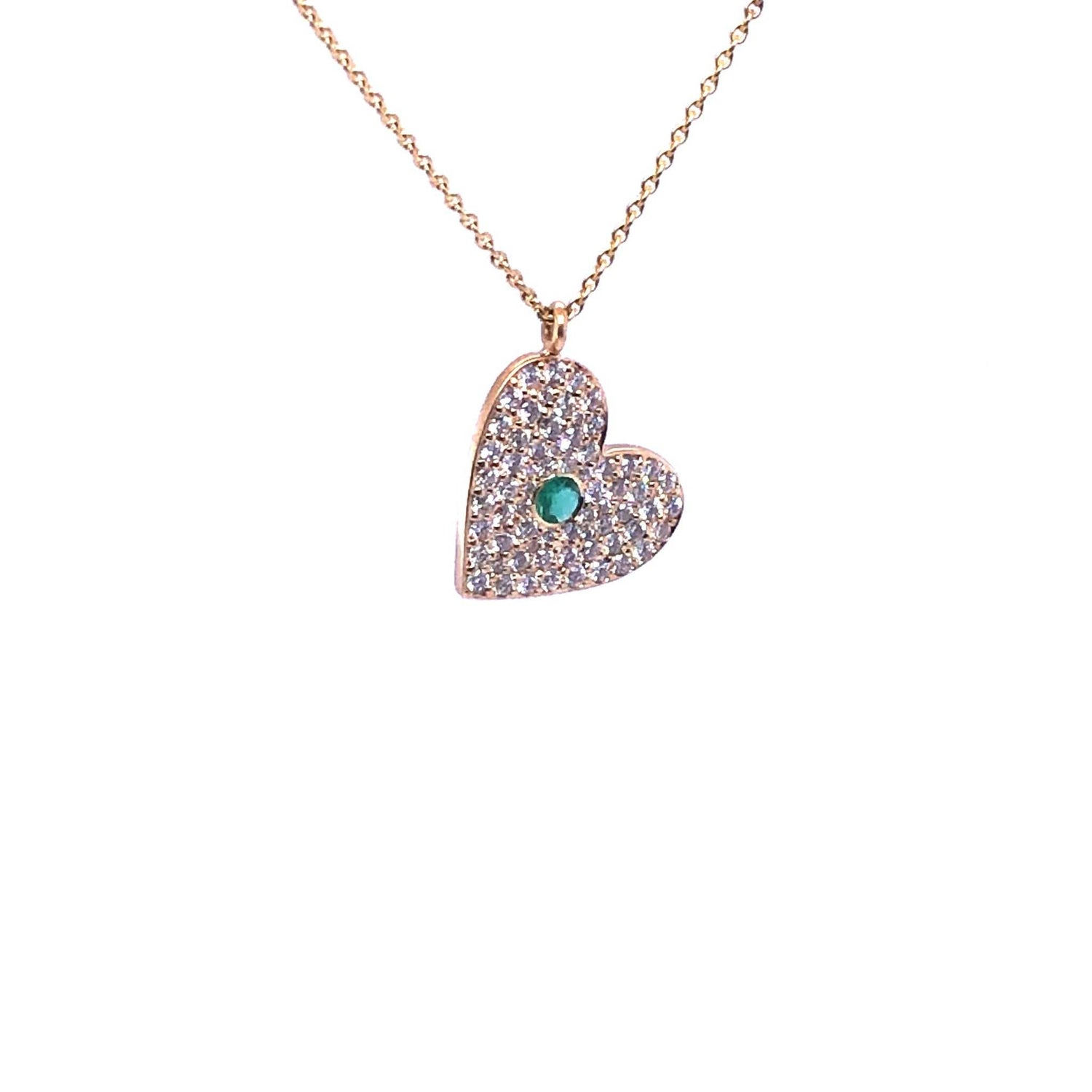 Emi Diamond Necklace 14k yellow gold heart pendant with natural diamonds and green gemstone