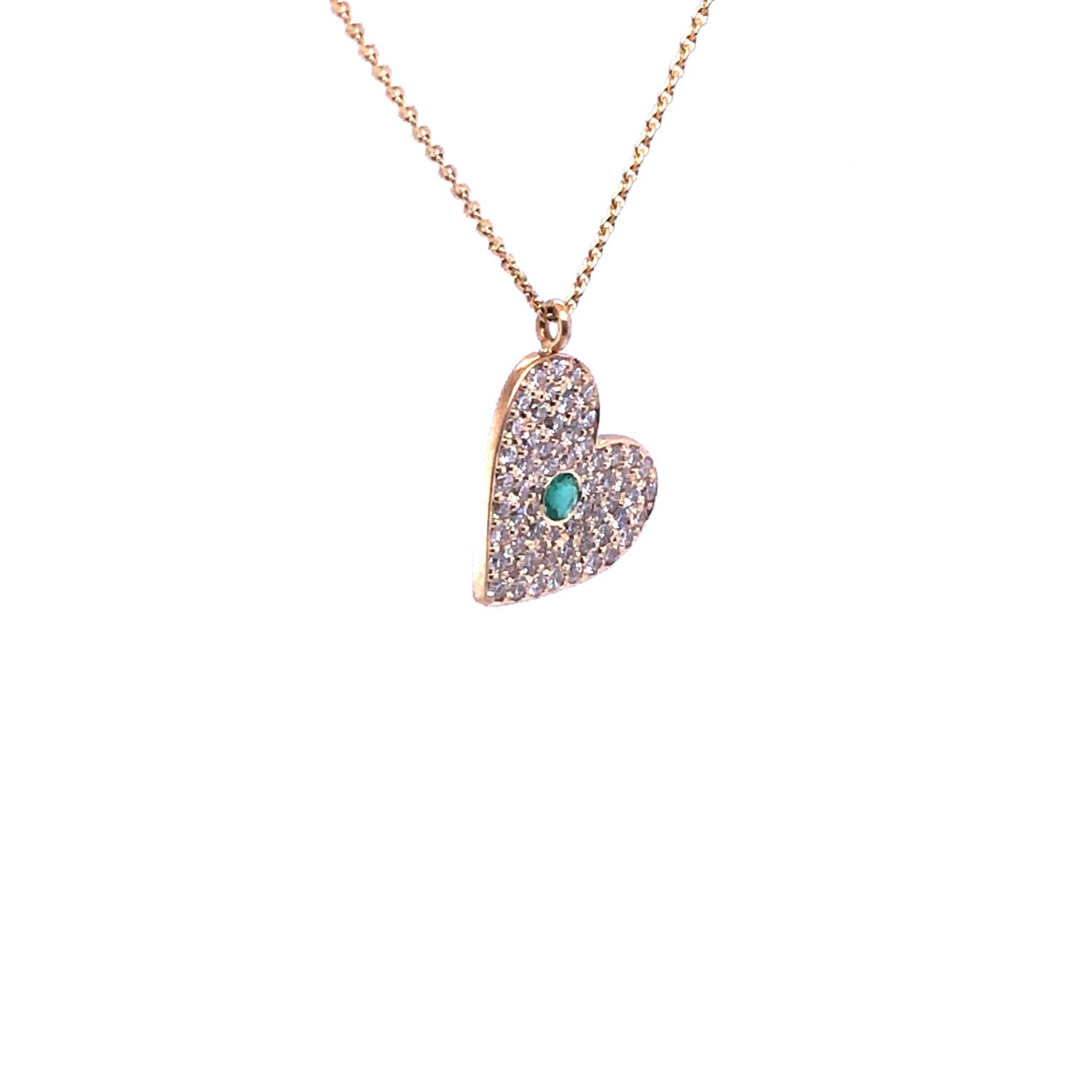 Emi Diamond Necklace in 14k yellow gold with heart-shaped pendant encrusted with diamonds and a central green gemstone