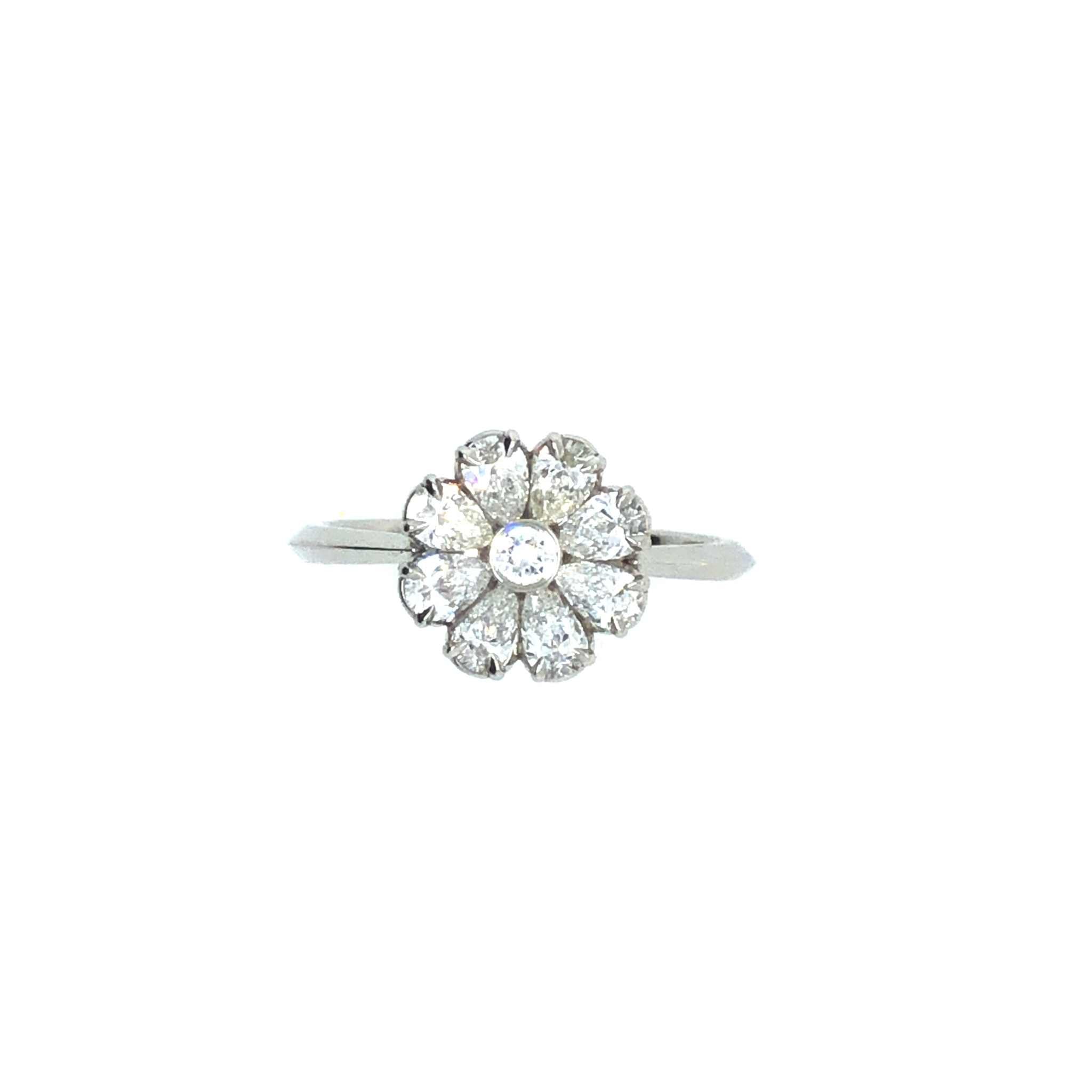 Xena Engagement Ring with eight pear-shaped diamonds in platinum knife-edge setting
