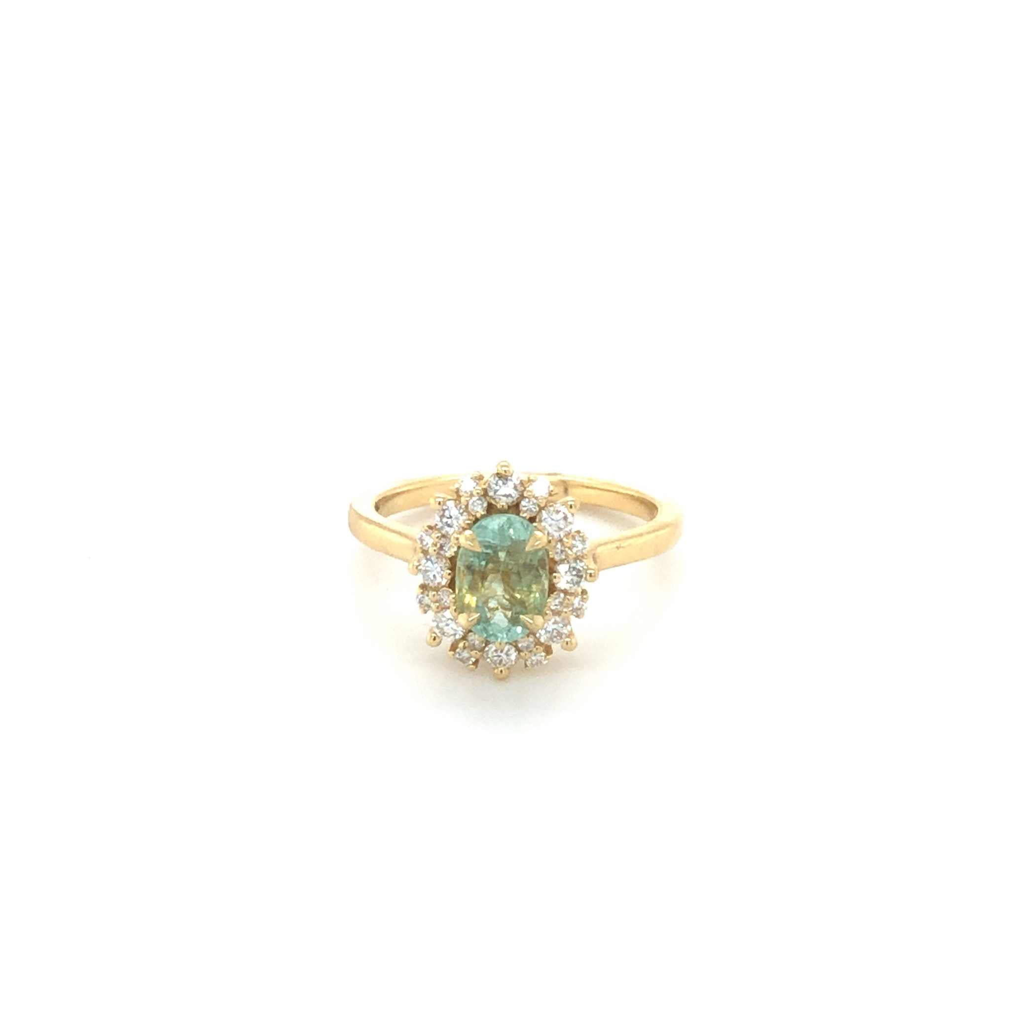 Jessica Alternative Engagement Ring with 0.98-carat tourmaline and 0.37-carat diamond halo in 18K yellow gold