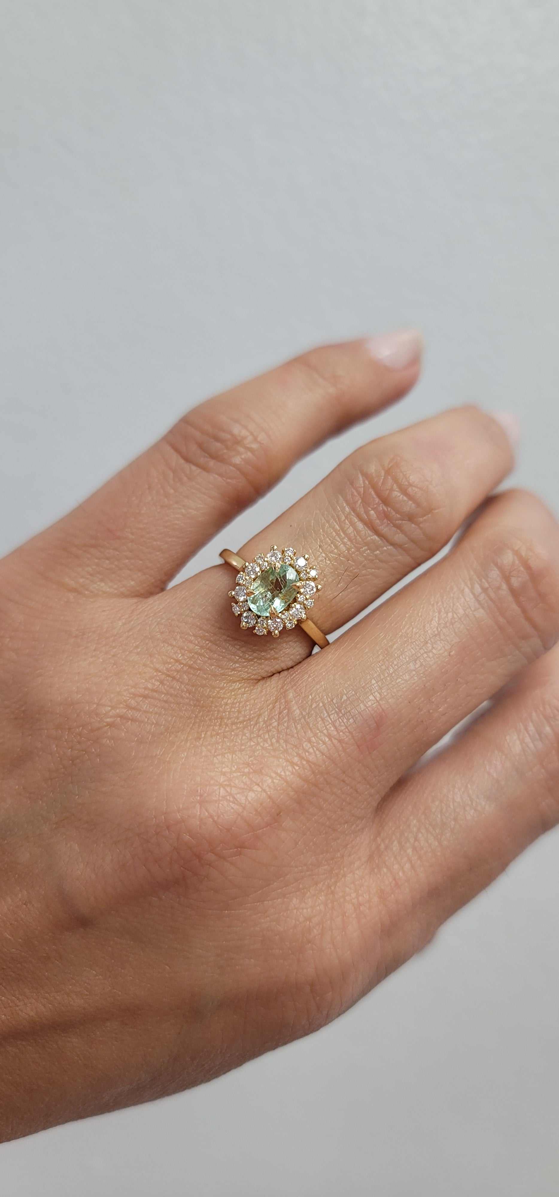 Jessica Alternative Engagement Ring 18K yellow gold with 0.98-carat green tourmaline and 0.37 carats diamonds on hand