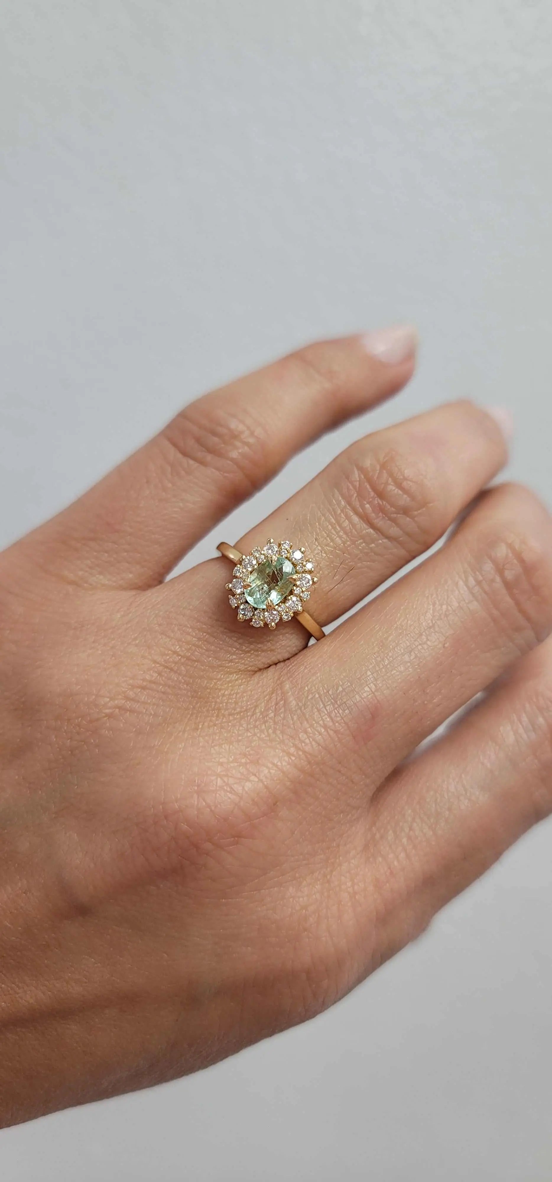 Jessica Alternative Engagement Ring in 18K yellow gold with 0.98-carat tourmaline and diamond accents on hand