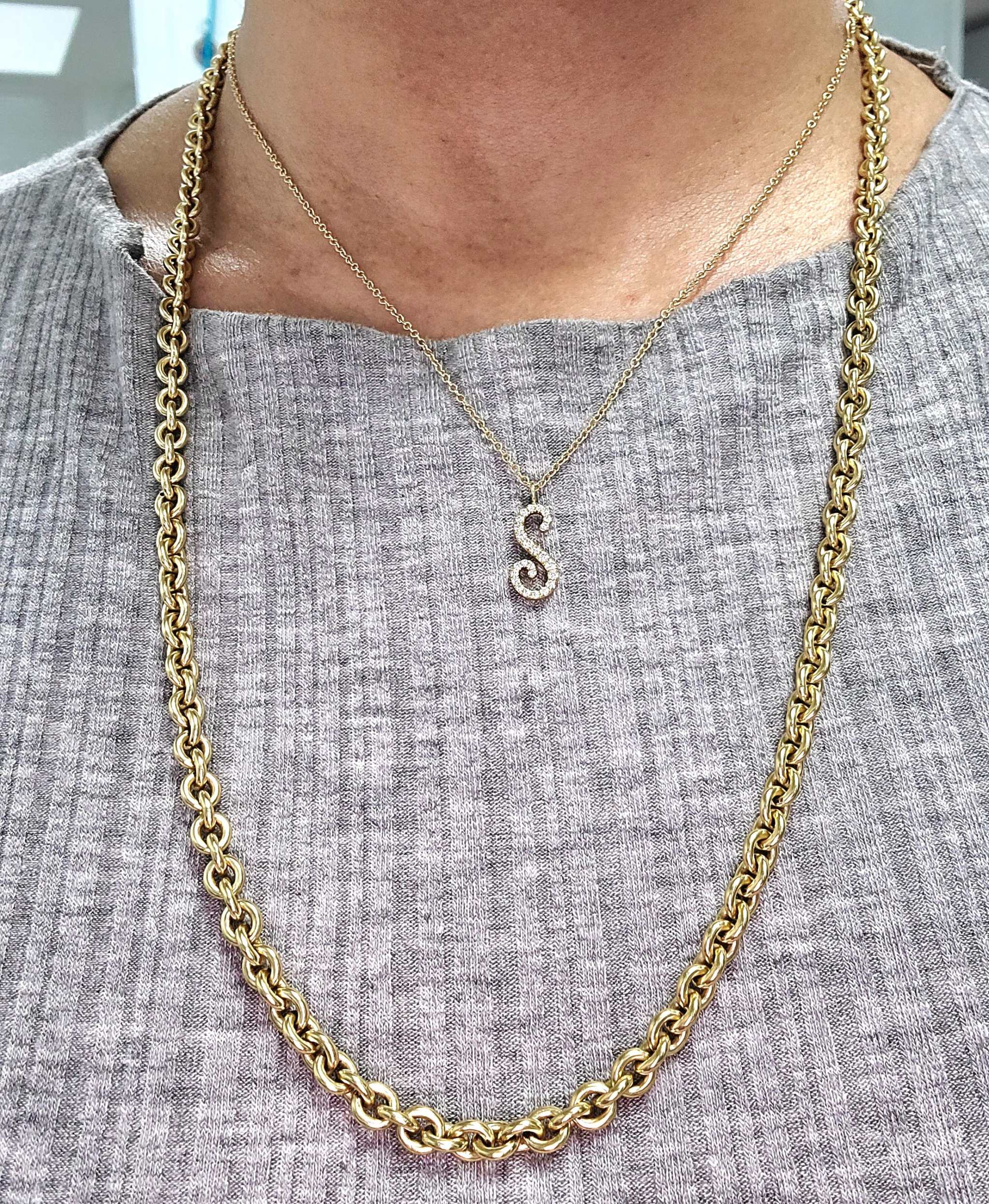 18K solid yellow gold Cable Chain necklace, 25 inches long, 5.2mm wide, worn over gray top