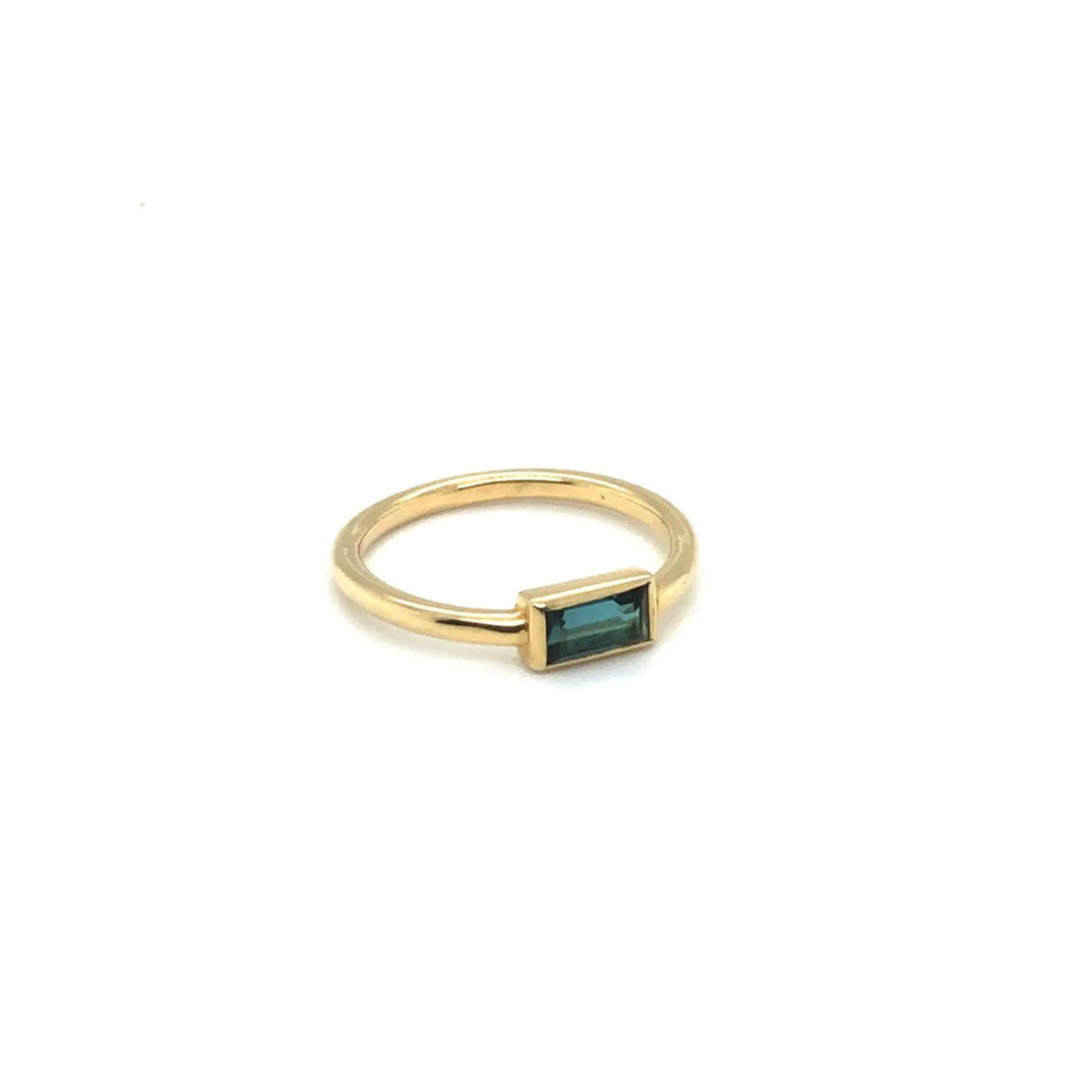 Elegant Tourmaline Solitaire Ring with rectangular blue tourmaline set in gold band