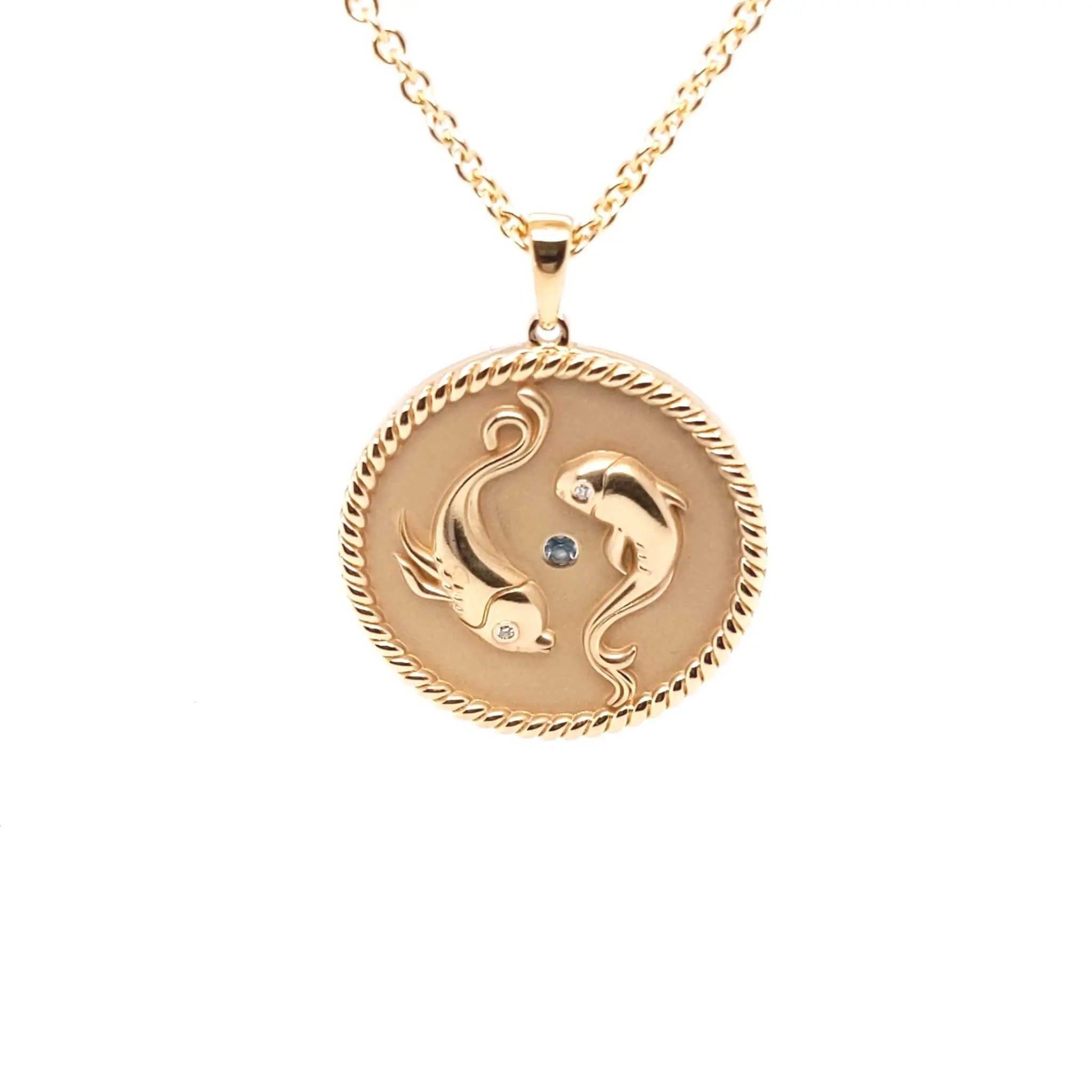 18K gold Zodiac Medallion with Pisces symbol and birthstones on rope border necklace
