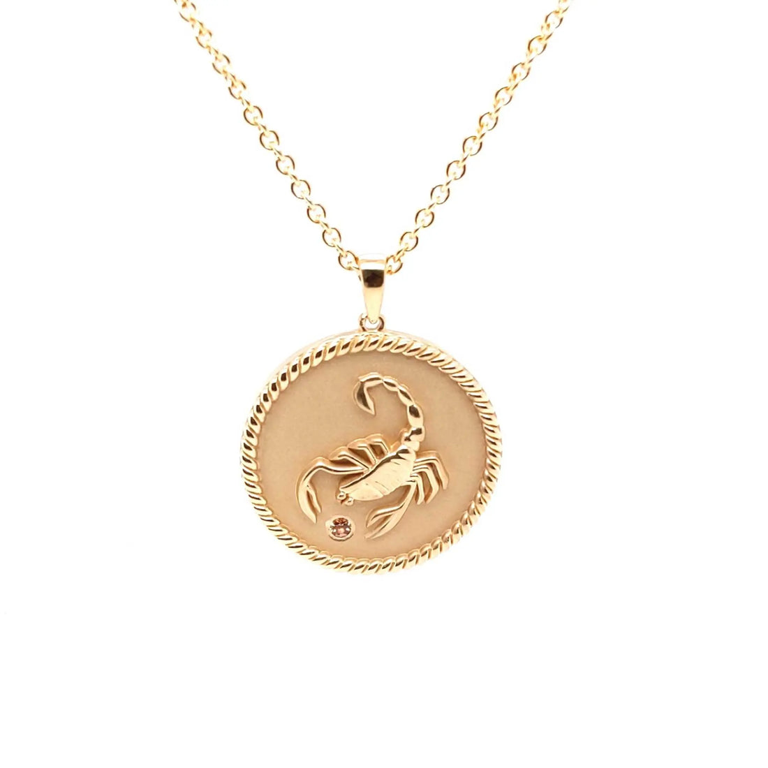 18K gold Zodiac Medallion necklace with scorpion design and birthstone pendant on cable chain