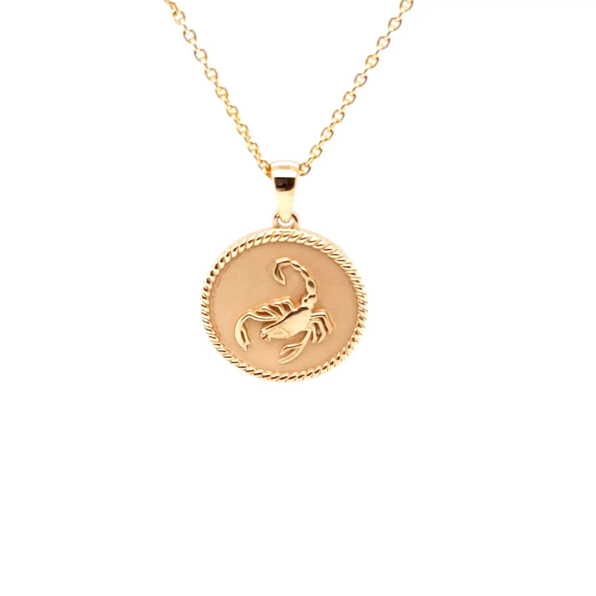 18K gold Zodiac Mini Medallion necklace with scorpion design and rope border on 16-inch chain