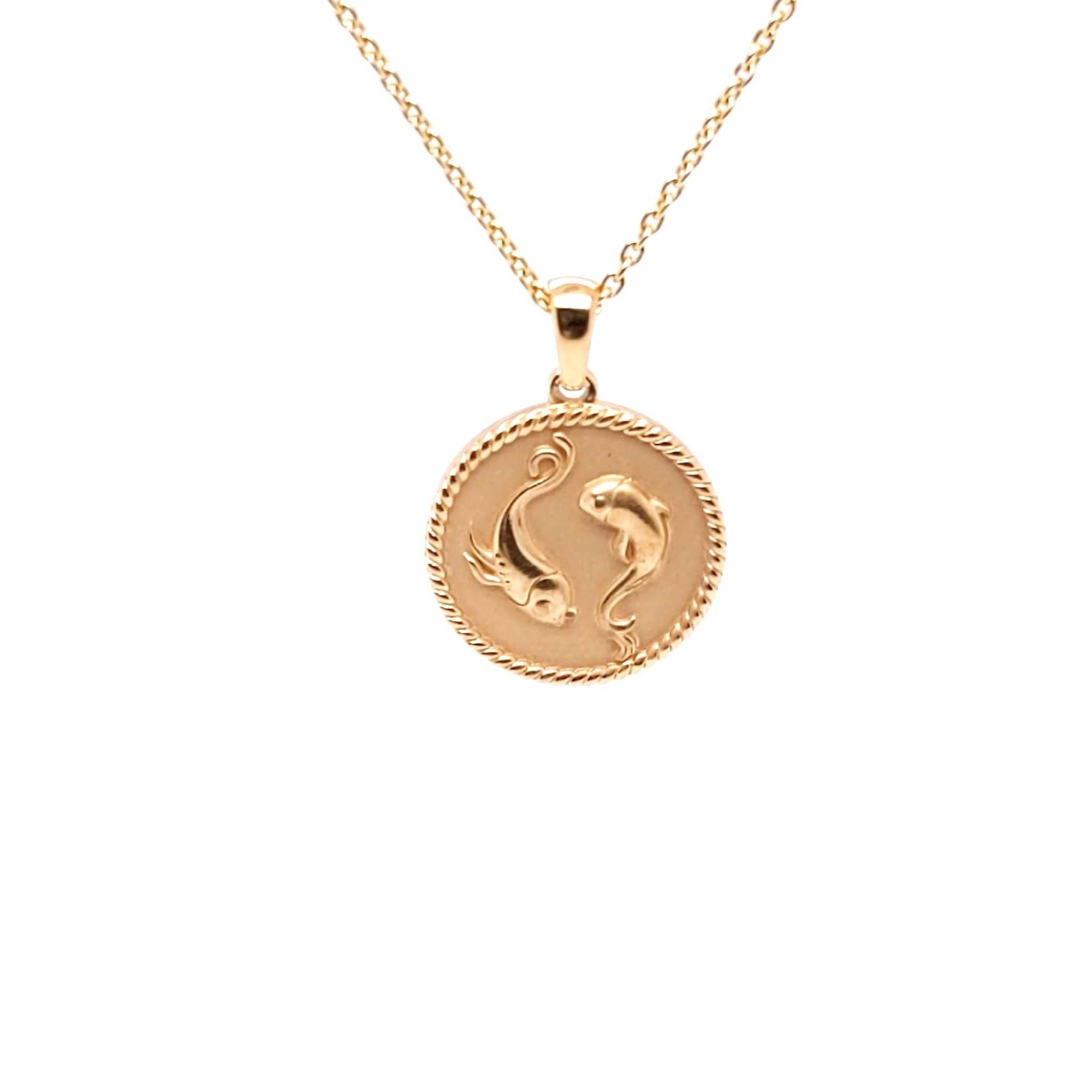 18K gold Zodiac Mini Medallion necklace with Pisces zodiac sign and rope border on 16-inch cable chain