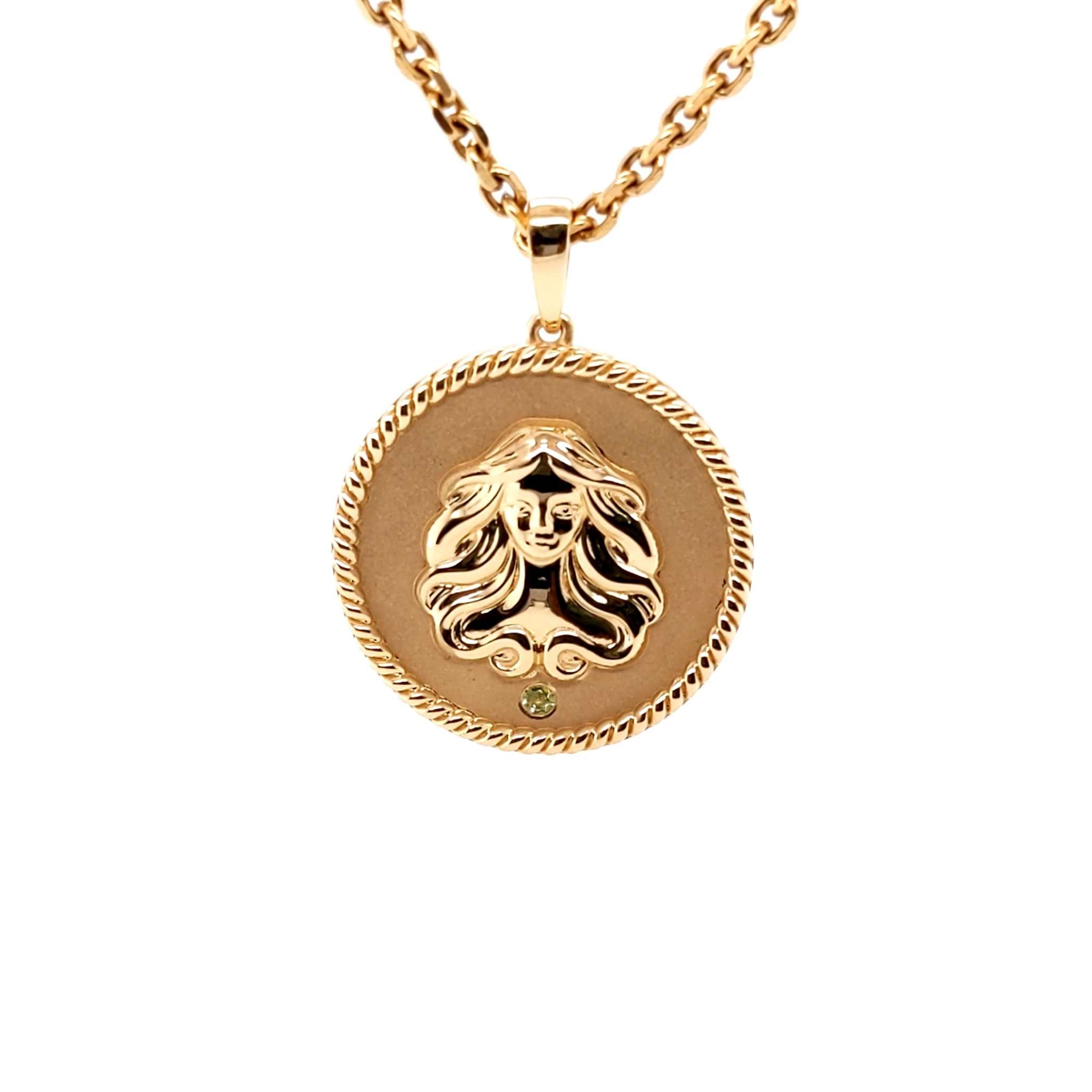 18K solid yellow gold Zodiac Medallion necklace with birthstone and polished rope border