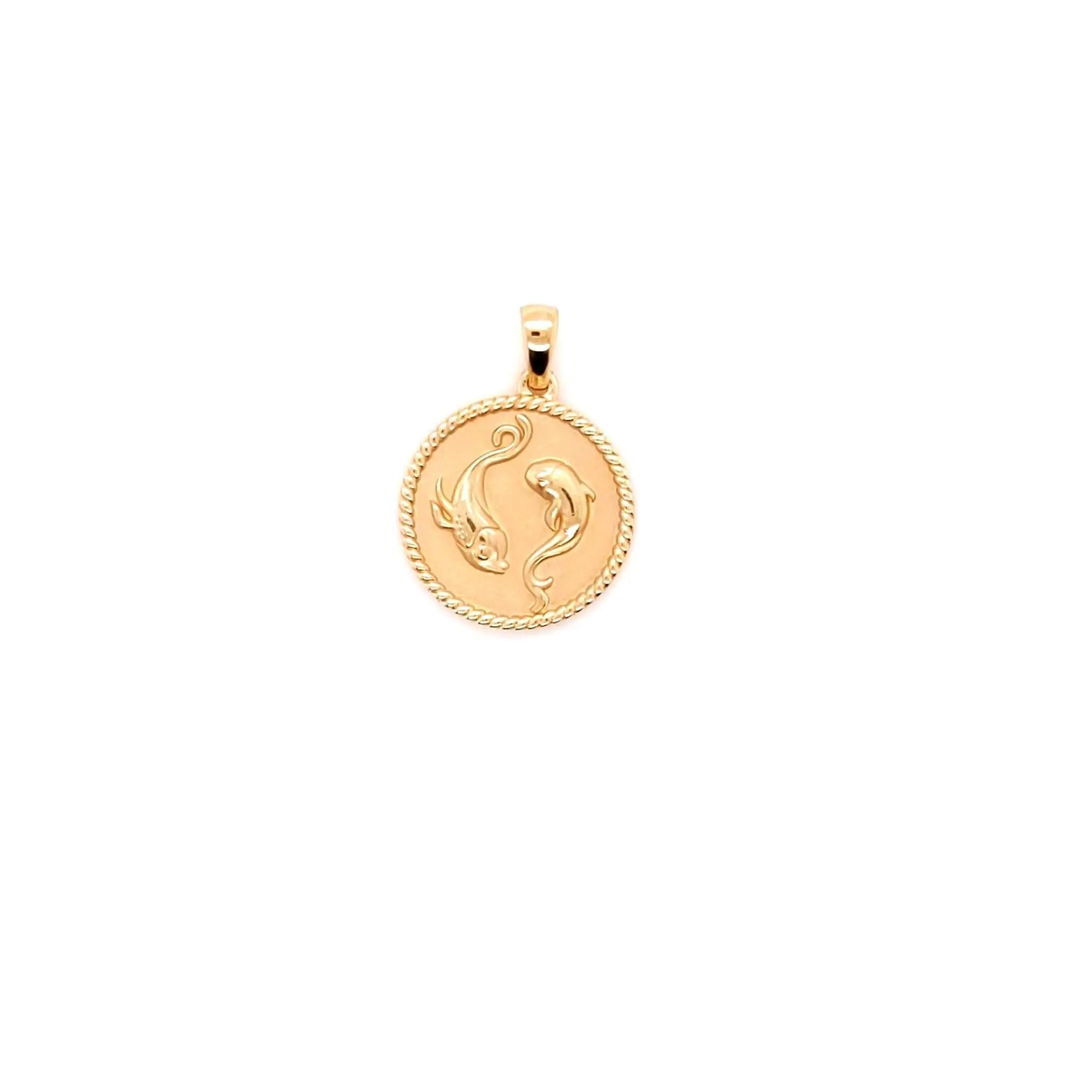 18K solid yellow gold Zodiac Charm pendant with polished rope border and Pisces zodiac symbol design