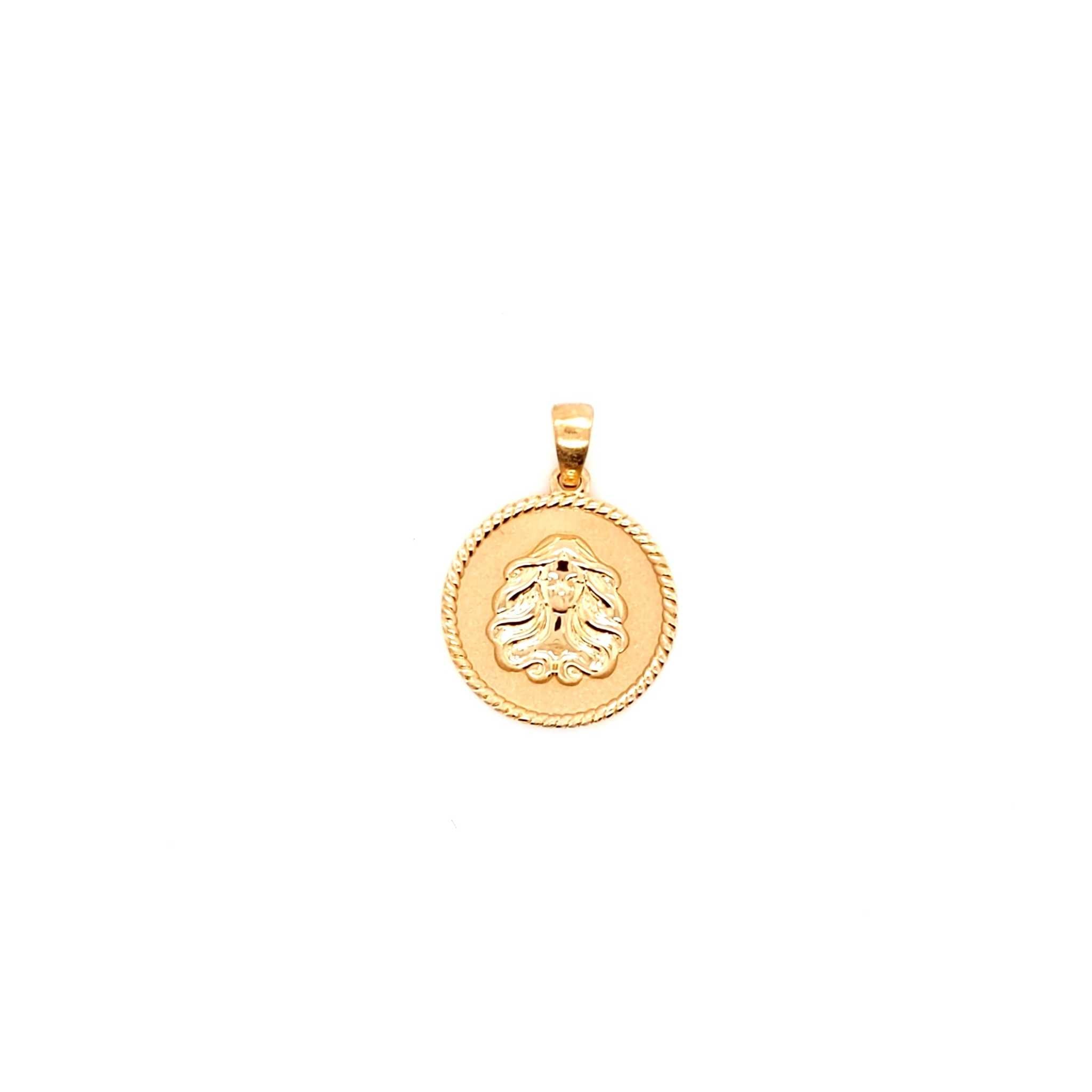 18K gold Zodiac Charm pendant with polished rope border and sandblasted background showcasing zodiac symbol
