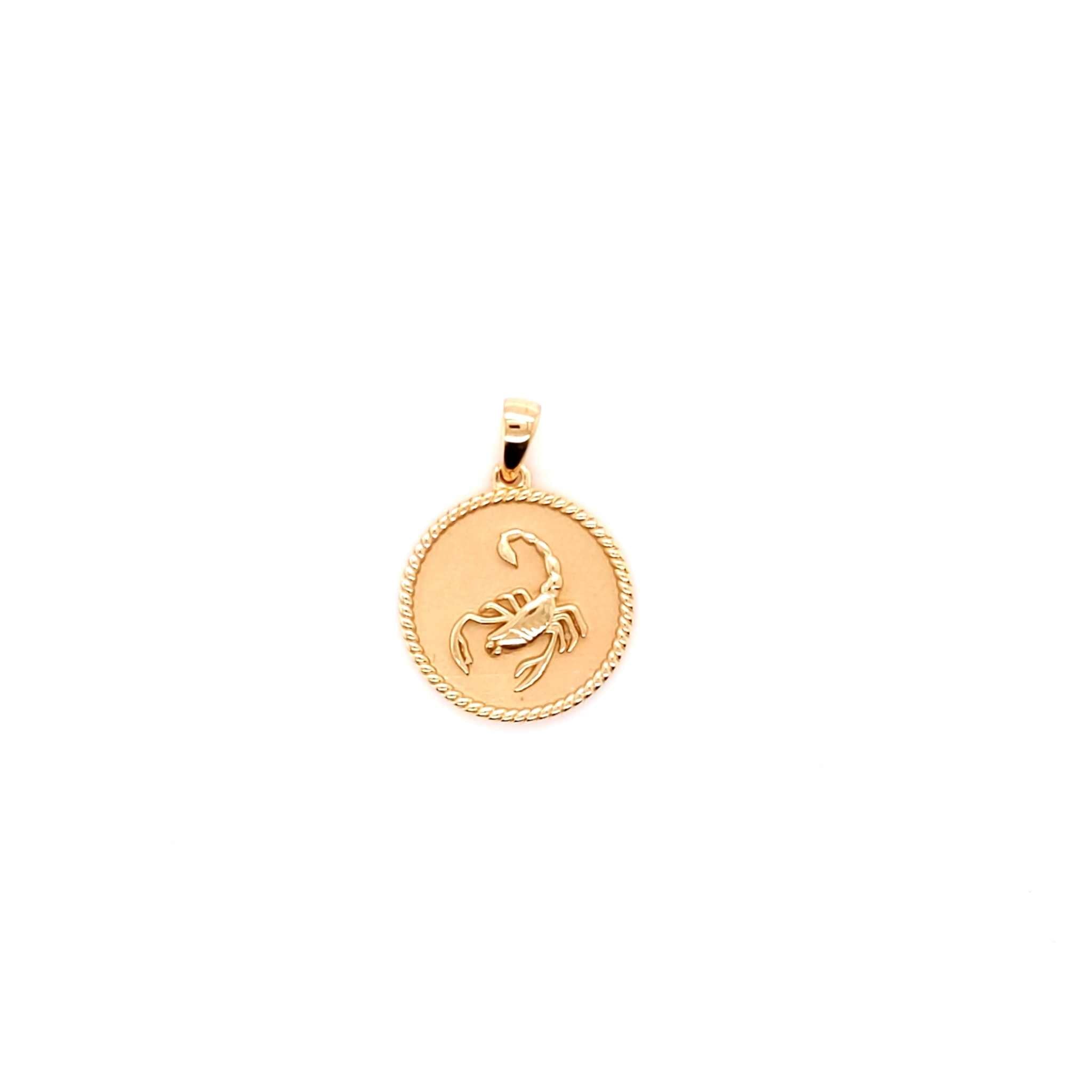 18K solid yellow gold Zodiac Charm pendant with polished rope border and sandblasted Scorpio symbol background