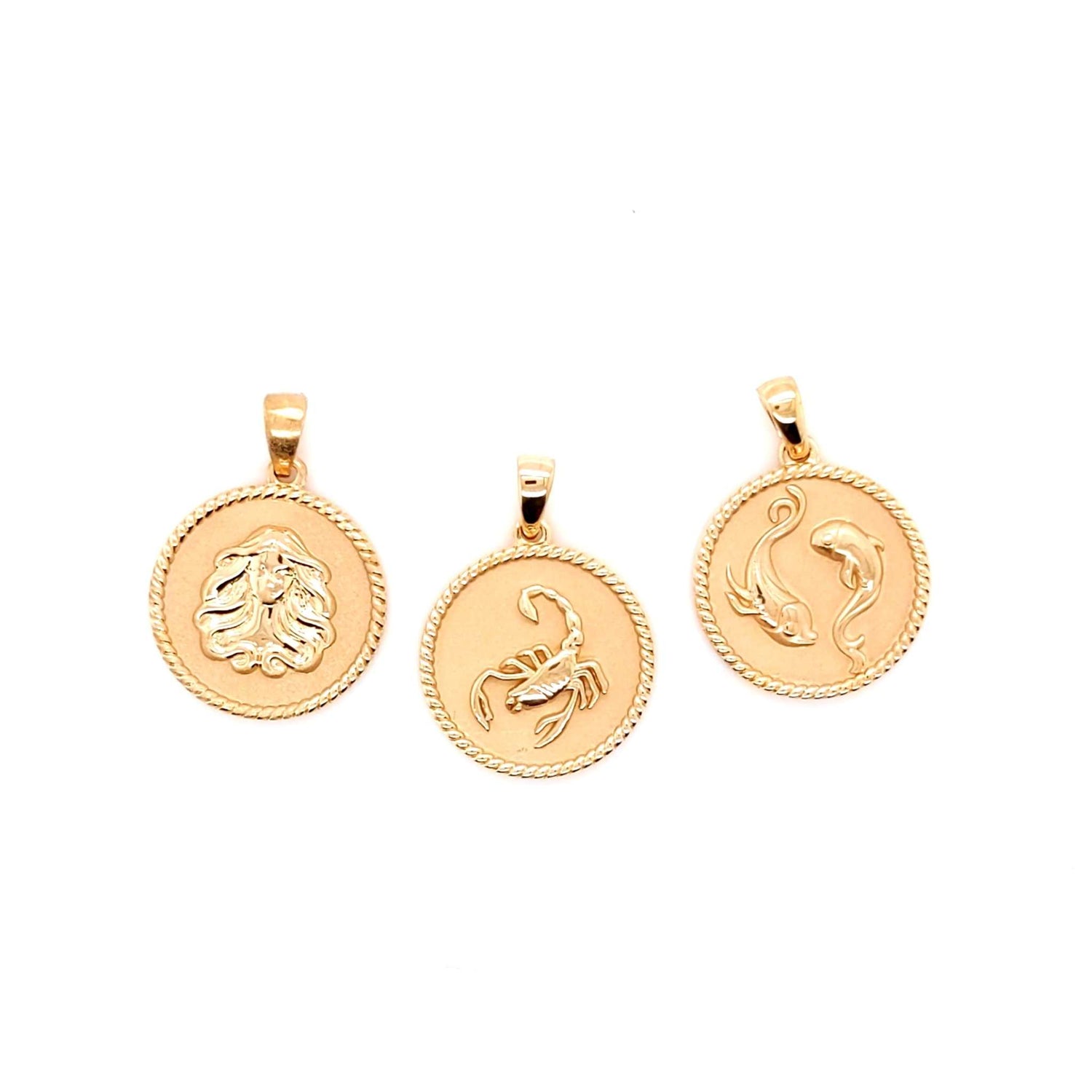 Gold zodiac charm pendants with rope border and astrological symbols