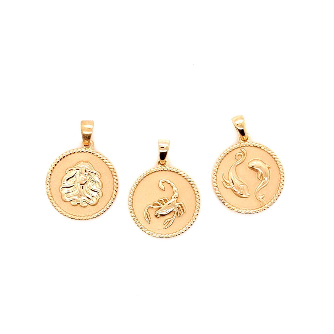 Three 18K gold Zodiac Charms with polished rope borders and sandblasted backgrounds featuring lion, scorpion, and fish zodiac symbols.