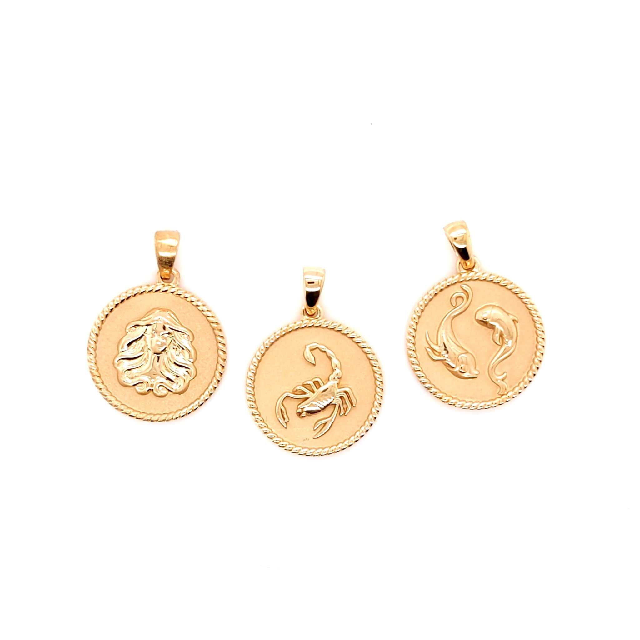 Three 18K gold Zodiac Charms with polished rope borders and sandblasted backgrounds featuring lion, scorpion, and fish zodiac symbols.