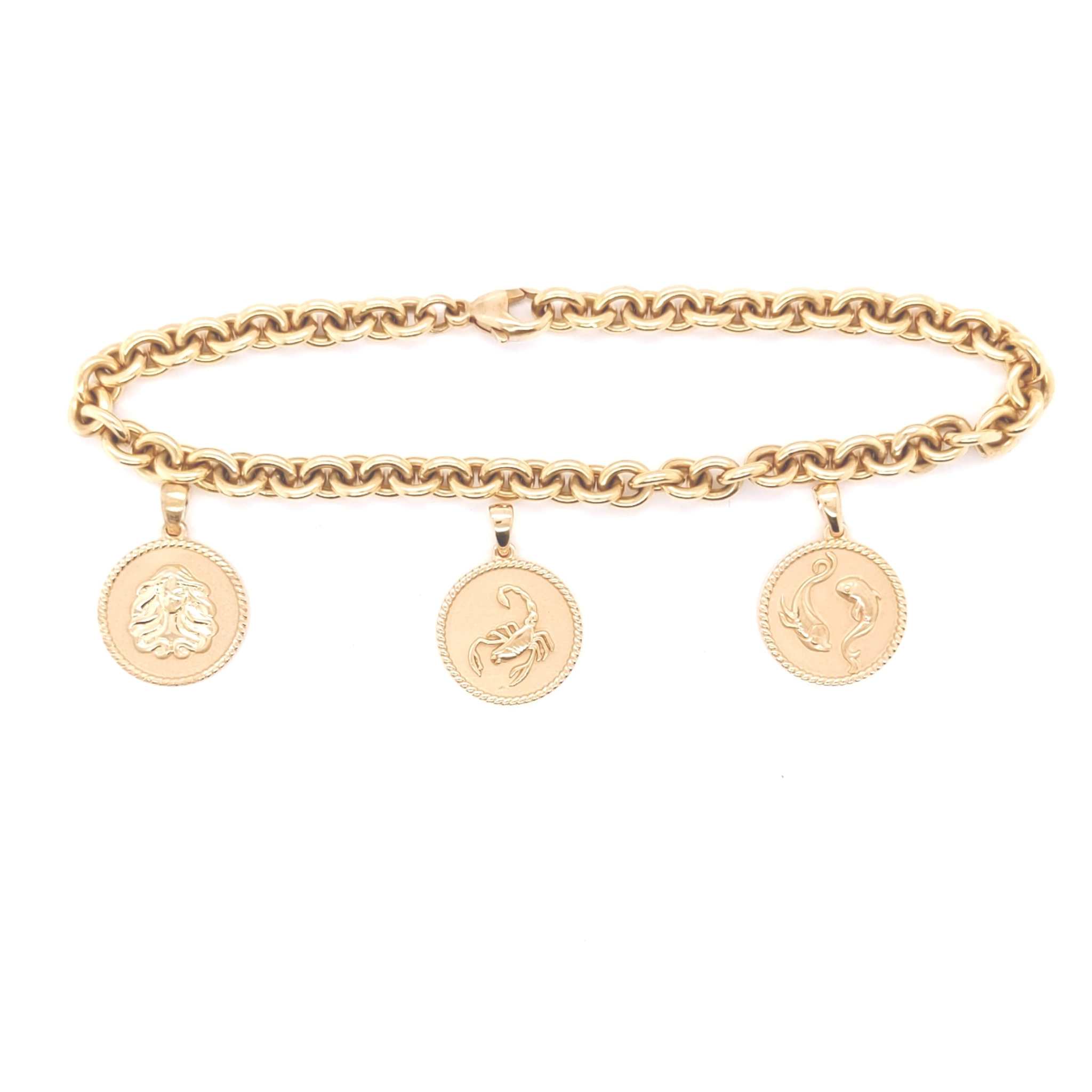 18K gold bracelet with three zodiac charm pendants featuring intricate rope borders and sandblasted backgrounds
