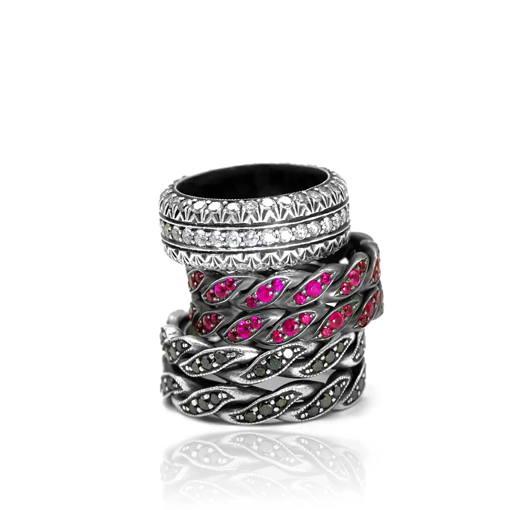 Jasper Eternity Band with vibrant rubies in 18K white gold handcrafted design