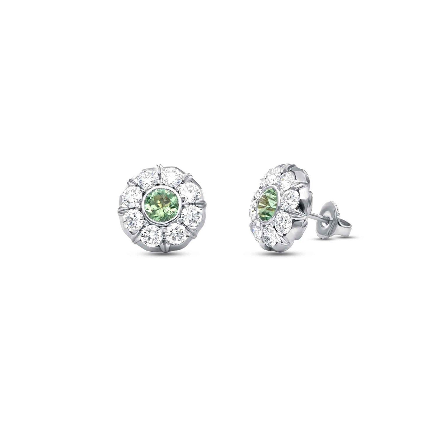 Moriah Diamond Earrings with green center stone surrounded by white diamonds in white gold setting