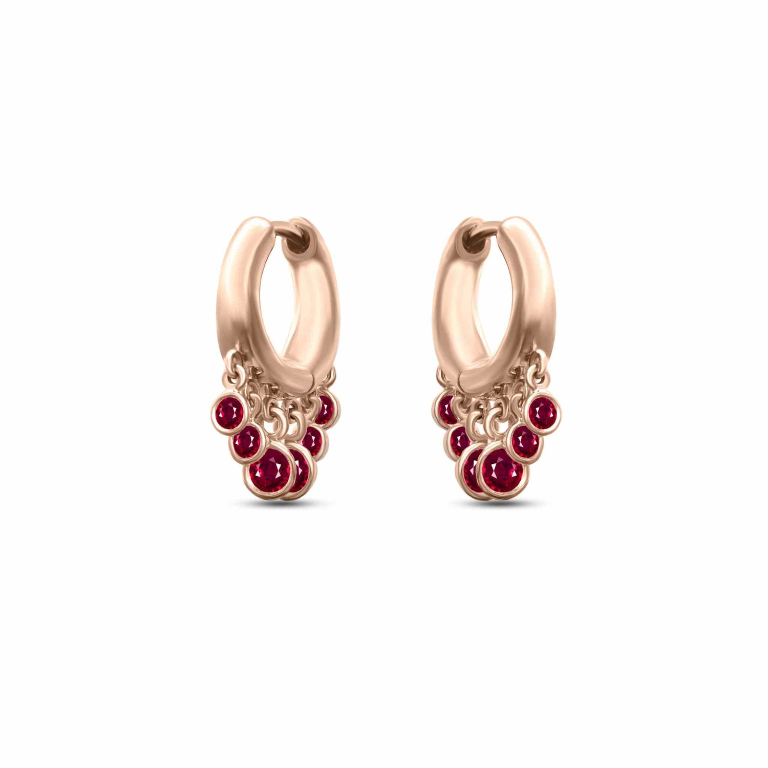 Nina Hoop single 18K gold earring with dangling diamond-cut rubies in elegant design