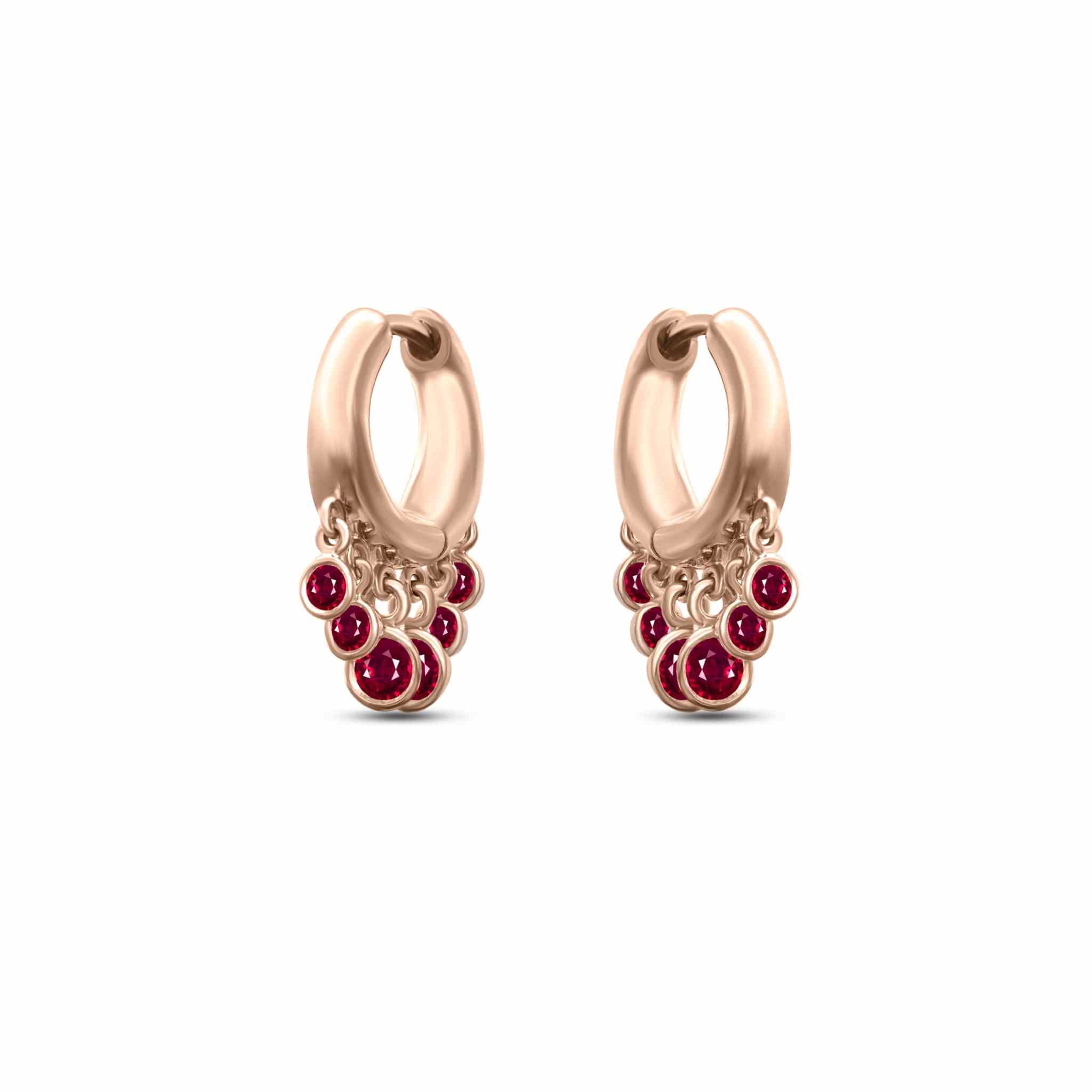 Nina Hoop single 18K gold earring with dangling diamond-cut rubies in elegant design