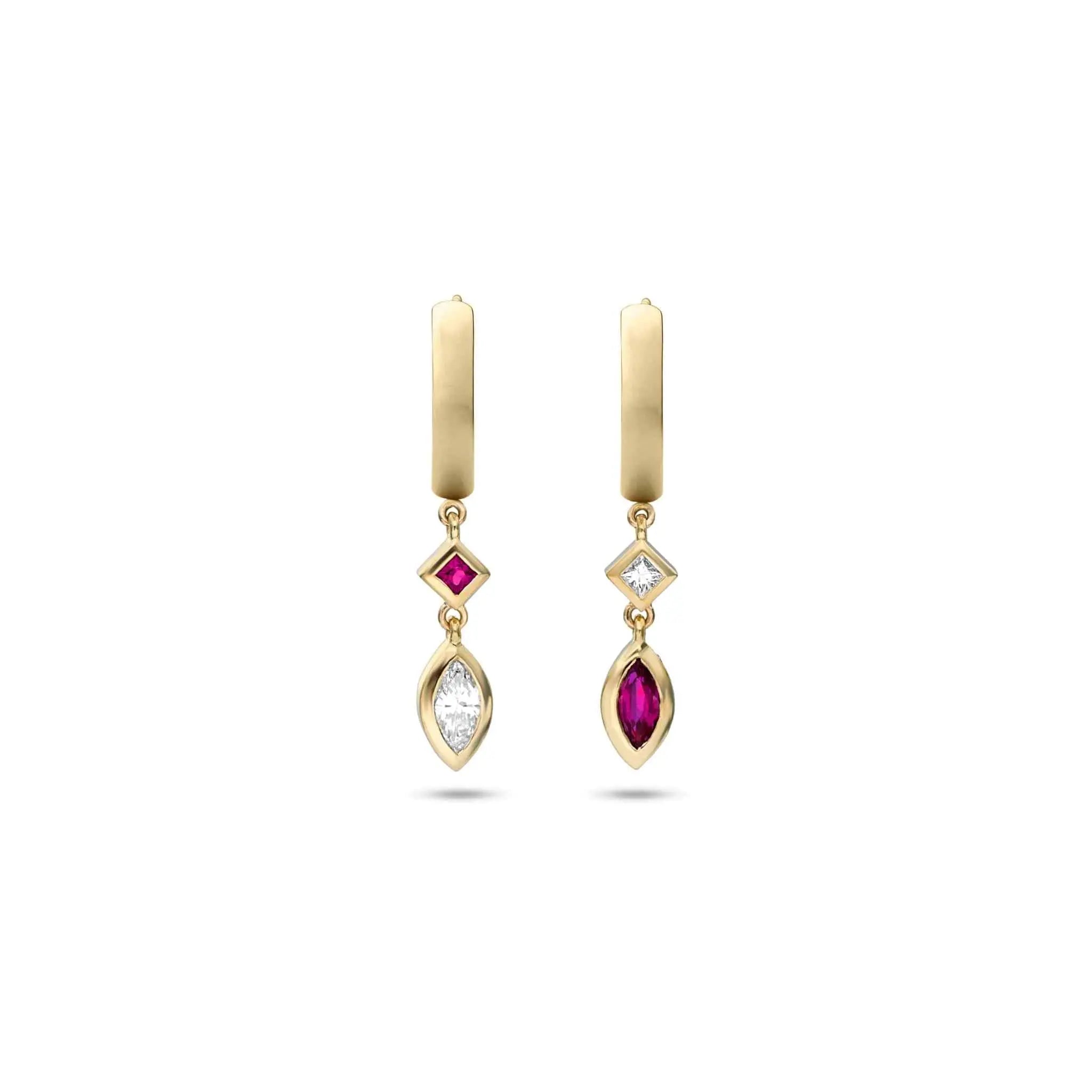 Sherrie Hoop Earrings in 18K yellow gold with diamonds and Burma rubies, elegant and versatile design