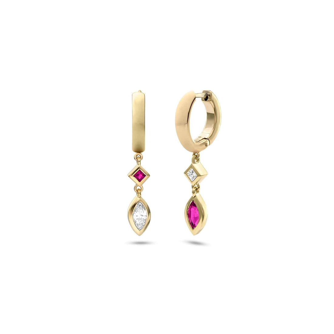 Sherrie Hoop Earrings in 18K yellow gold with diamonds and Burma ruby gemstones
