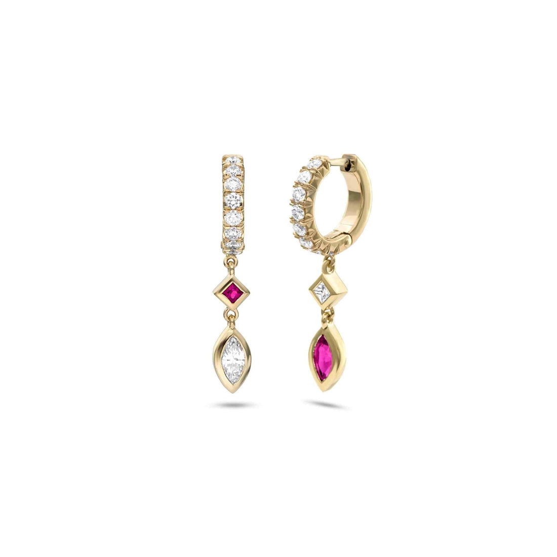 Sherrie Hoop earrings with diamonds and rubies in 18k yellow gold fishtail setting