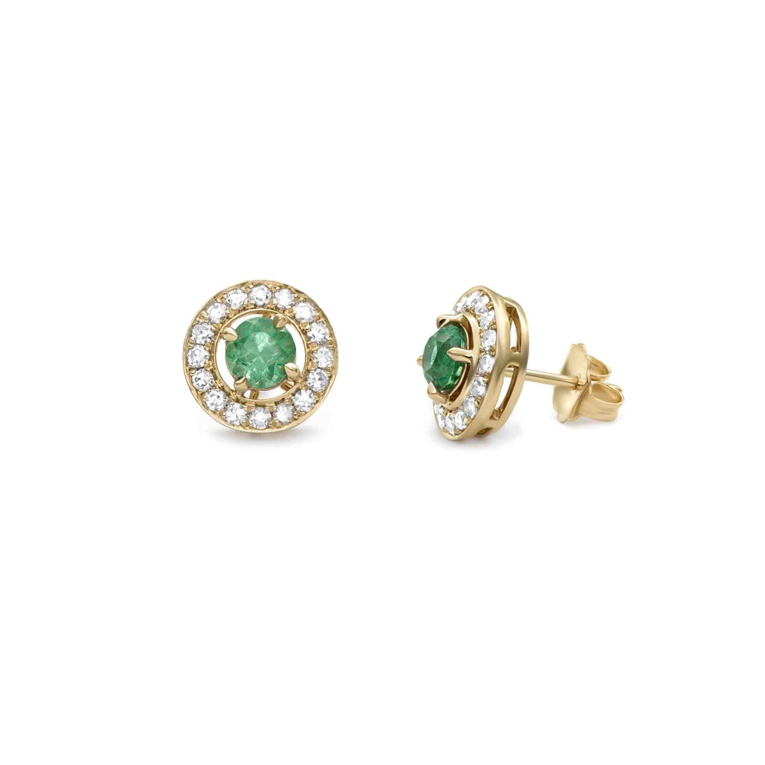 18K yellow gold tourmaline diamond earrings with green tourmaline center and surrounding diamonds