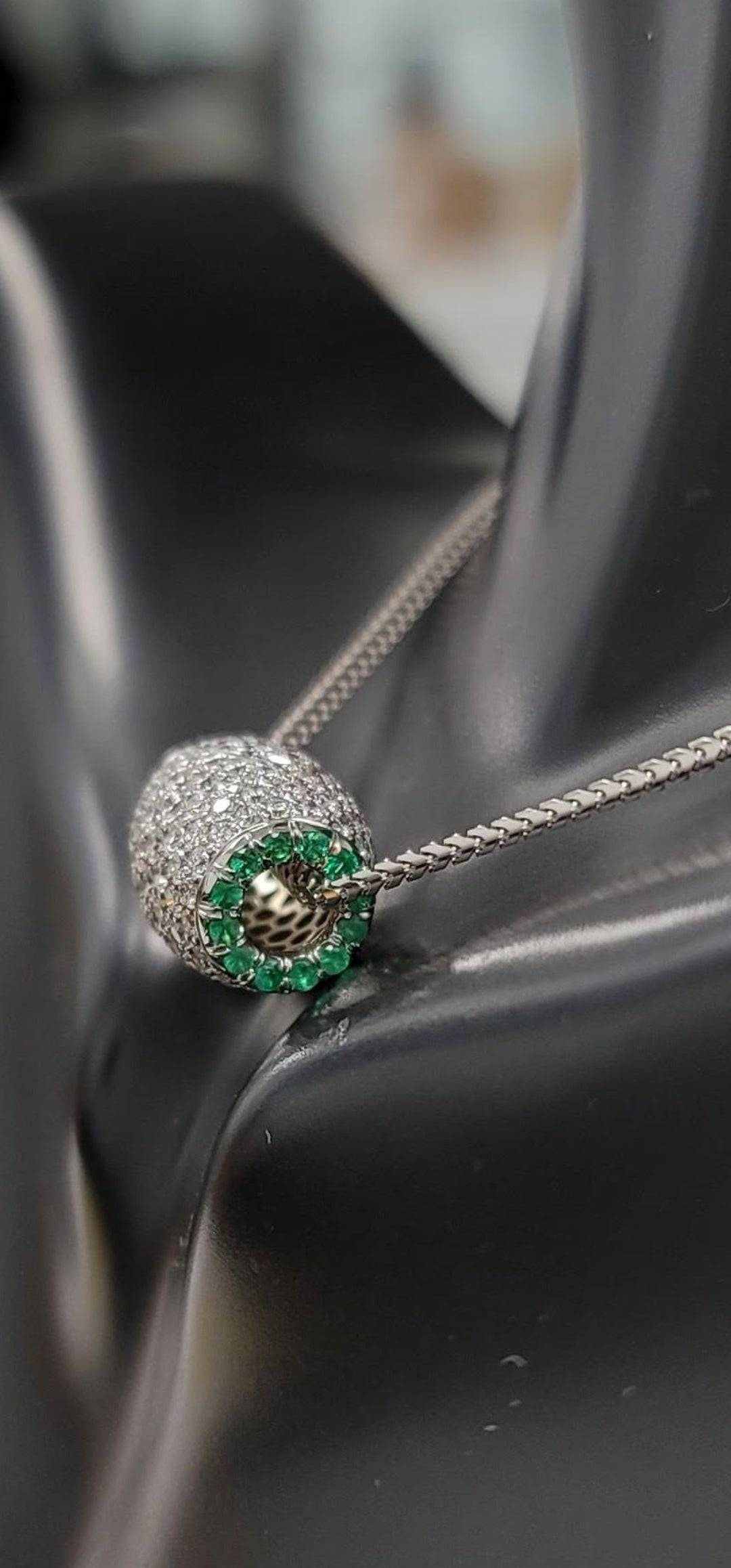 Ariella Necklace 18K white gold with 2.2 carats diamonds and emerald accents elegant pendant