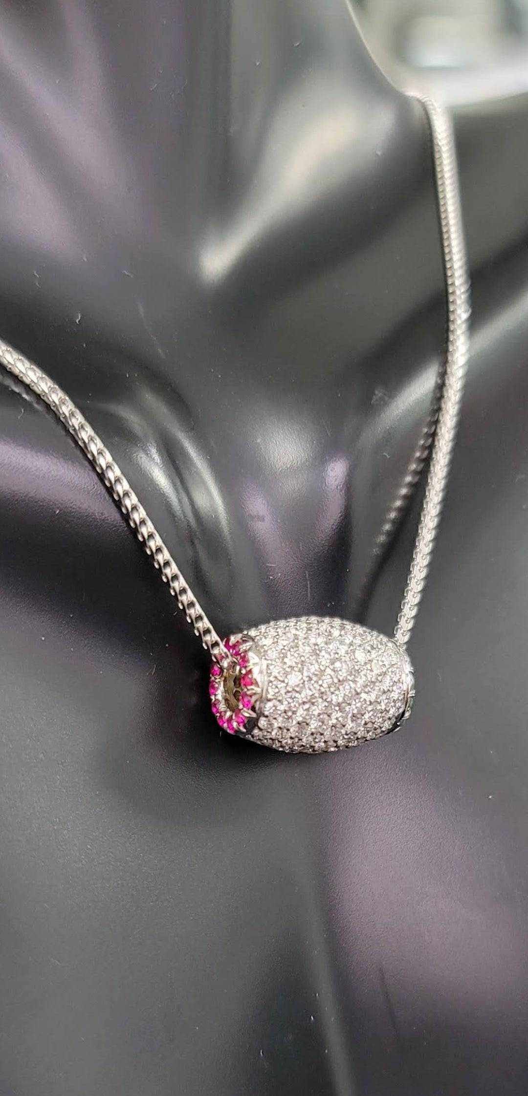 Ariella Necklace in 18K white gold with diamonds and ruby accents on a sleek chain