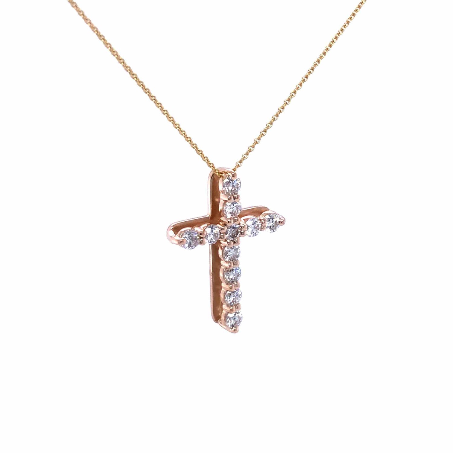 18k gold diamond cross pendant with sparkling F VS1 diamonds on a delicate chain