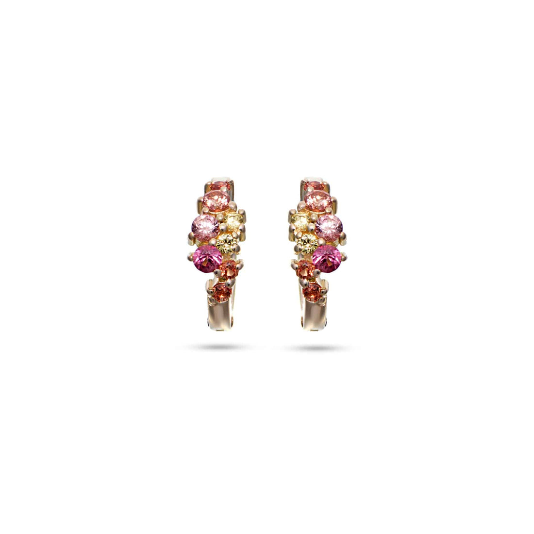 18K yellow gold Chloe Mini Huggie earrings with multicolored sapphires and rubies for a vibrant, elegant look