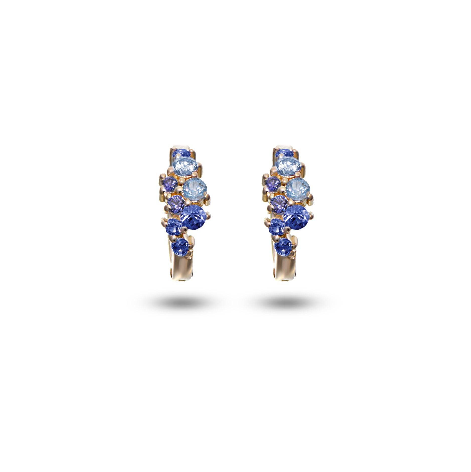 18K yellow gold mini huggie earrings with blue and purple sapphires handcrafted in NYC