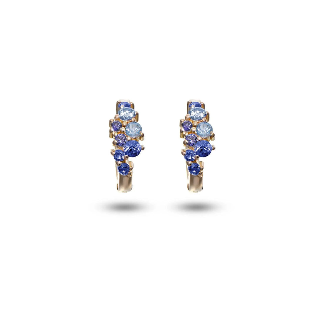 18K gold mini huggie earrings with blue sapphires and colorful gemstones