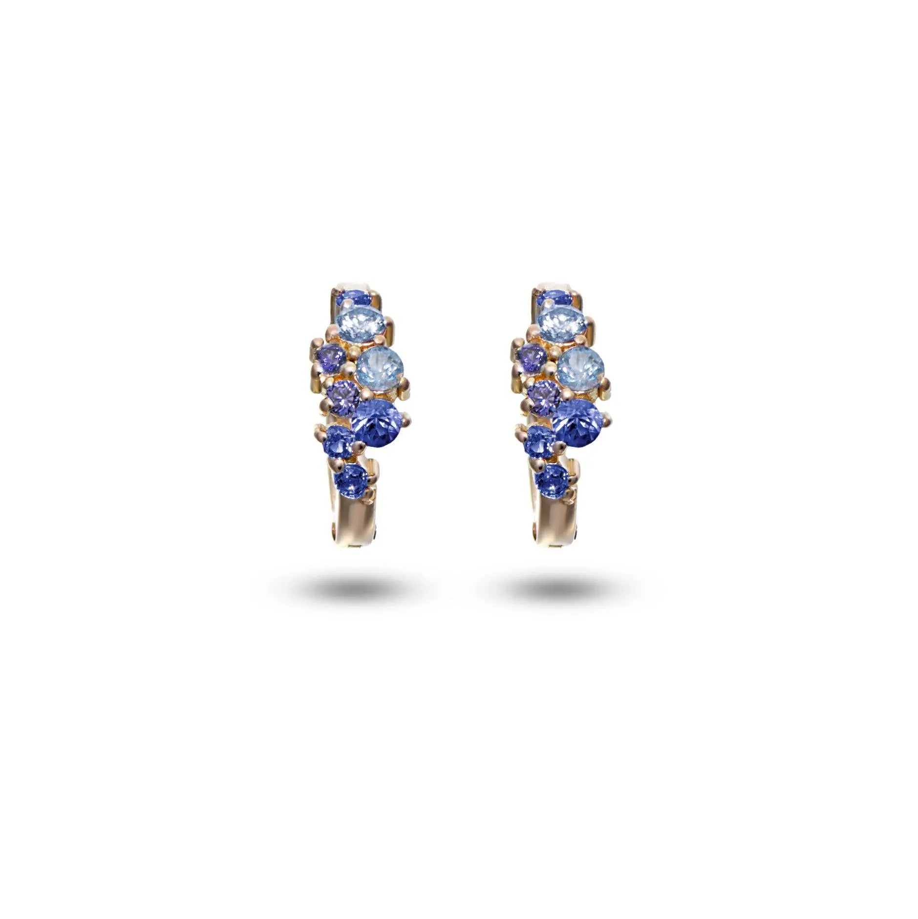 18K gold mini huggie earrings with blue sapphires and colorful gemstones