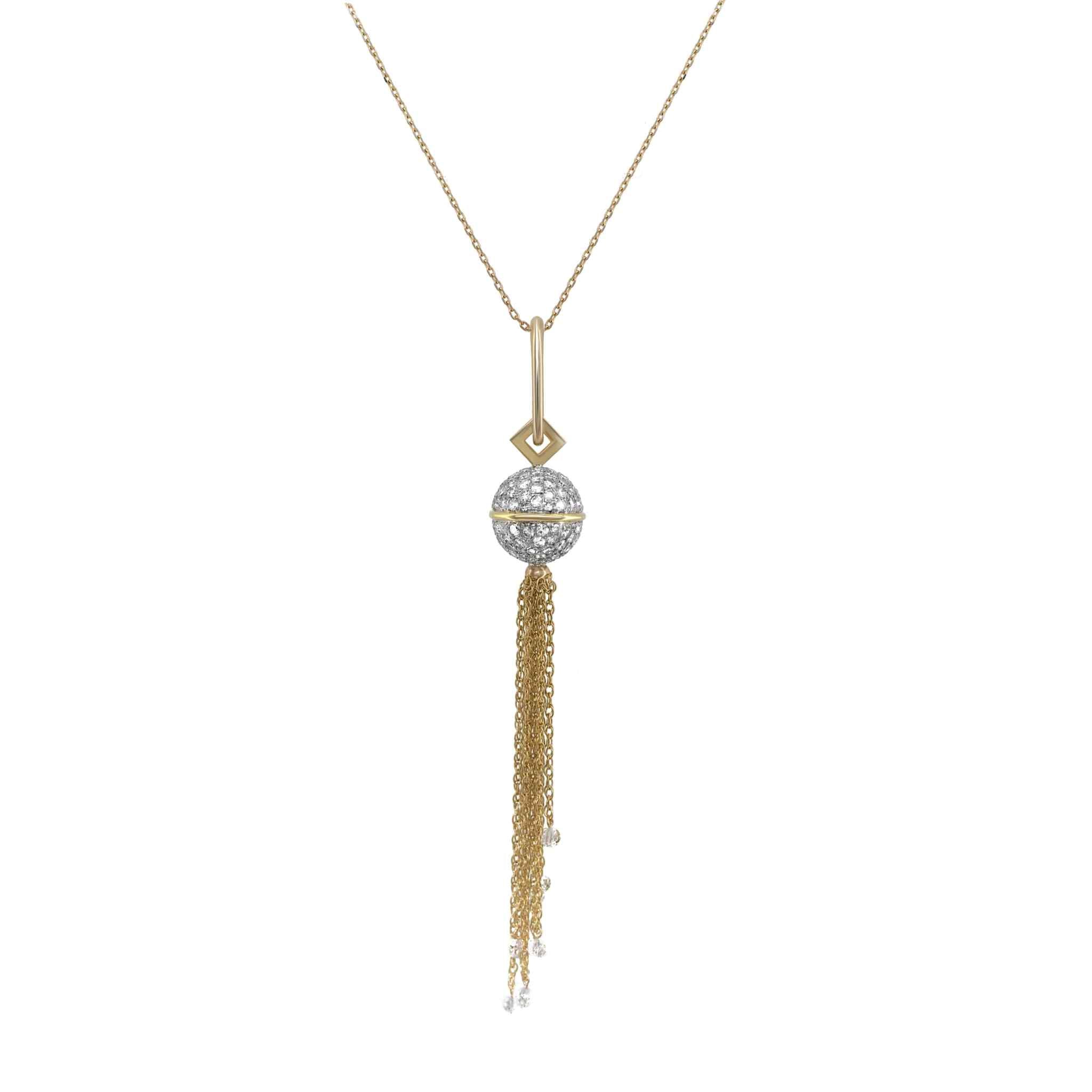 Elegant Diamond Sphere Necklace with 3.15 carat VS diamond, 18K yellow and white gold, adjustable chain, and tassel pendant