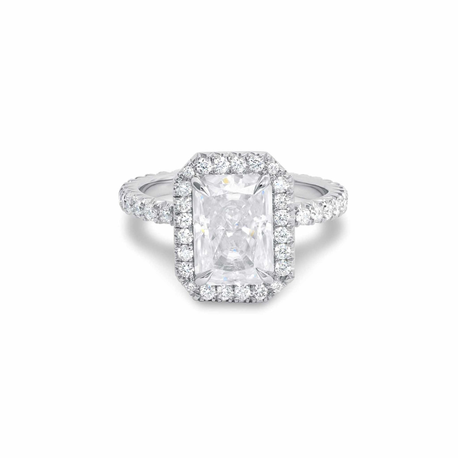 Alara Engagement Ring with 4-carat radiant-cut moissanite and diamond pavé setting in white gold
