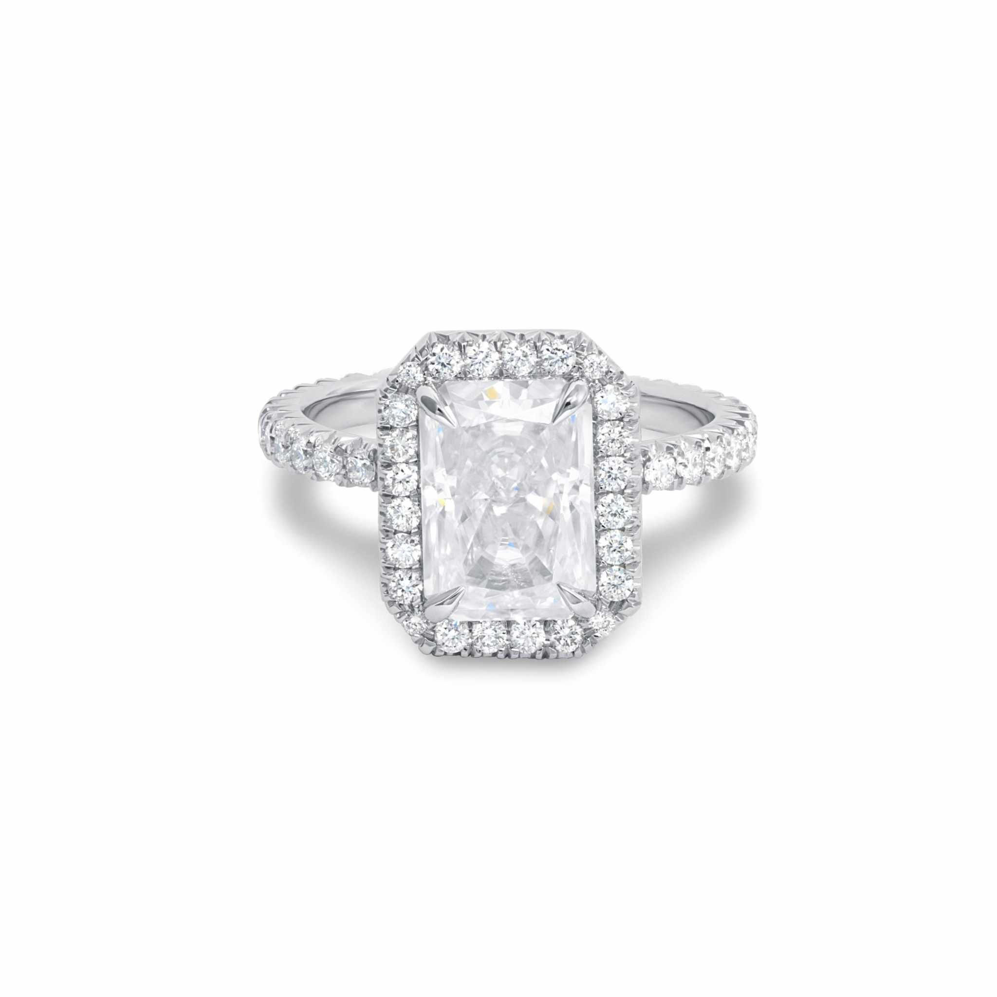 Alara Engagement Ring with 4-carat radiant-cut moissanite and pavé diamond setting in platinum band