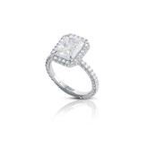 Alara Engagement Ring featuring 4-carat radiant-cut moissanite with French-cut pavé diamonds in platinum band