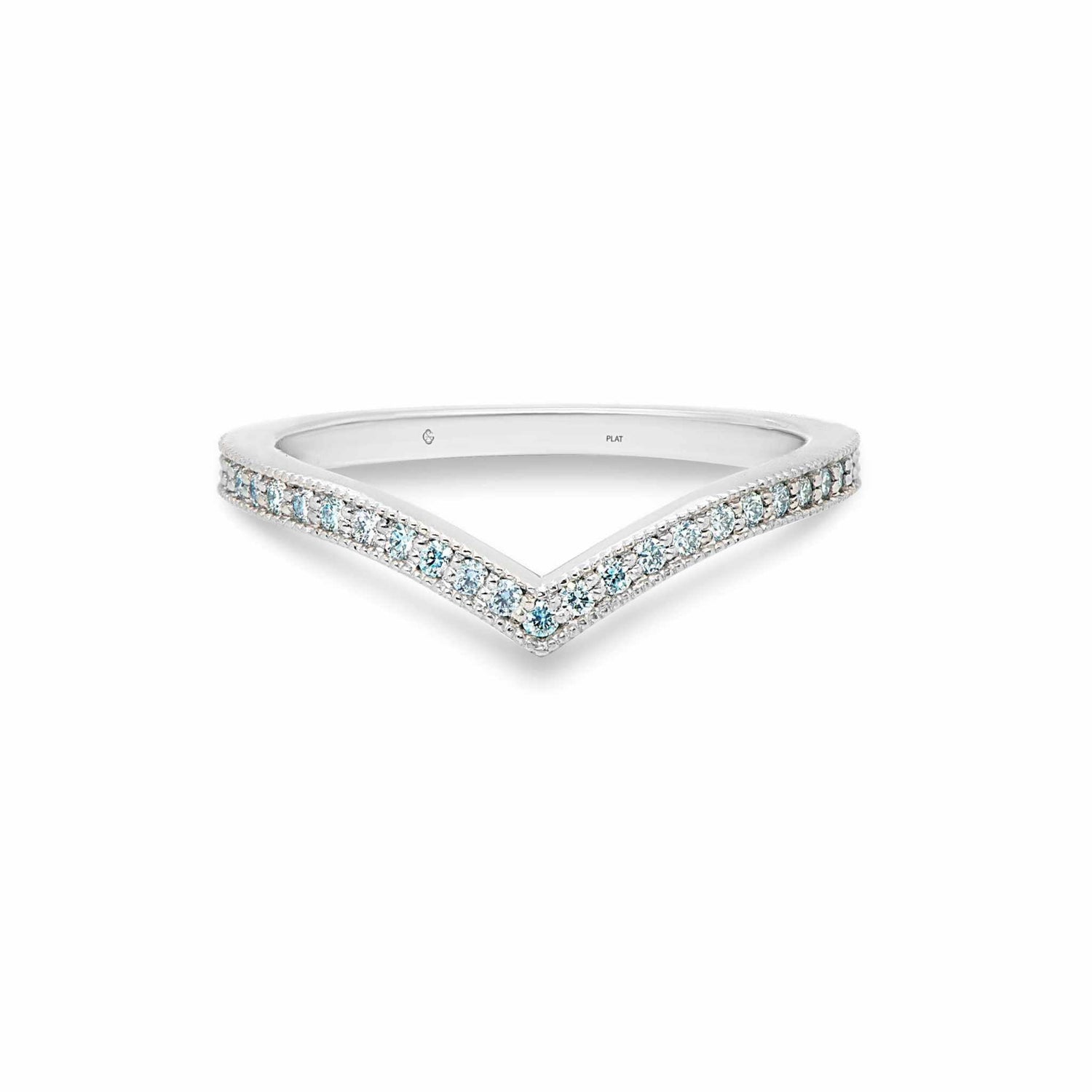 Ava Wedding Band in platinum with delicate milgrain edge and round fancy blue diamonds in a V-shaped design