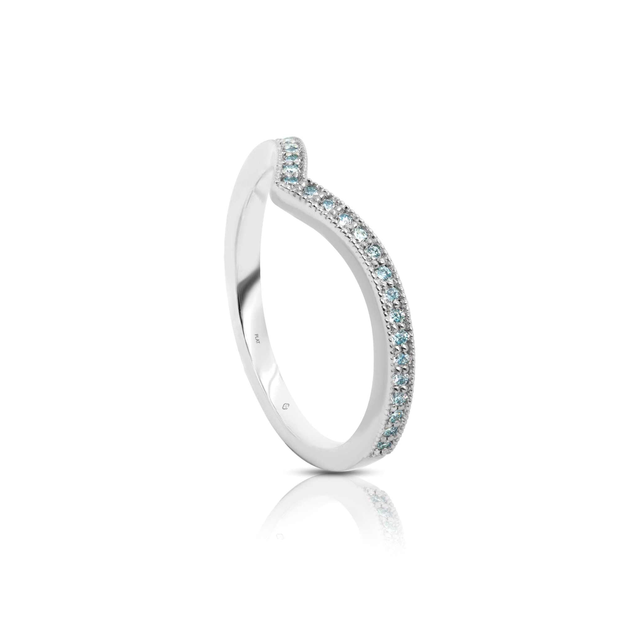 18K white gold Ava Wedding Band with milgrain edge and round fancy blue diamonds