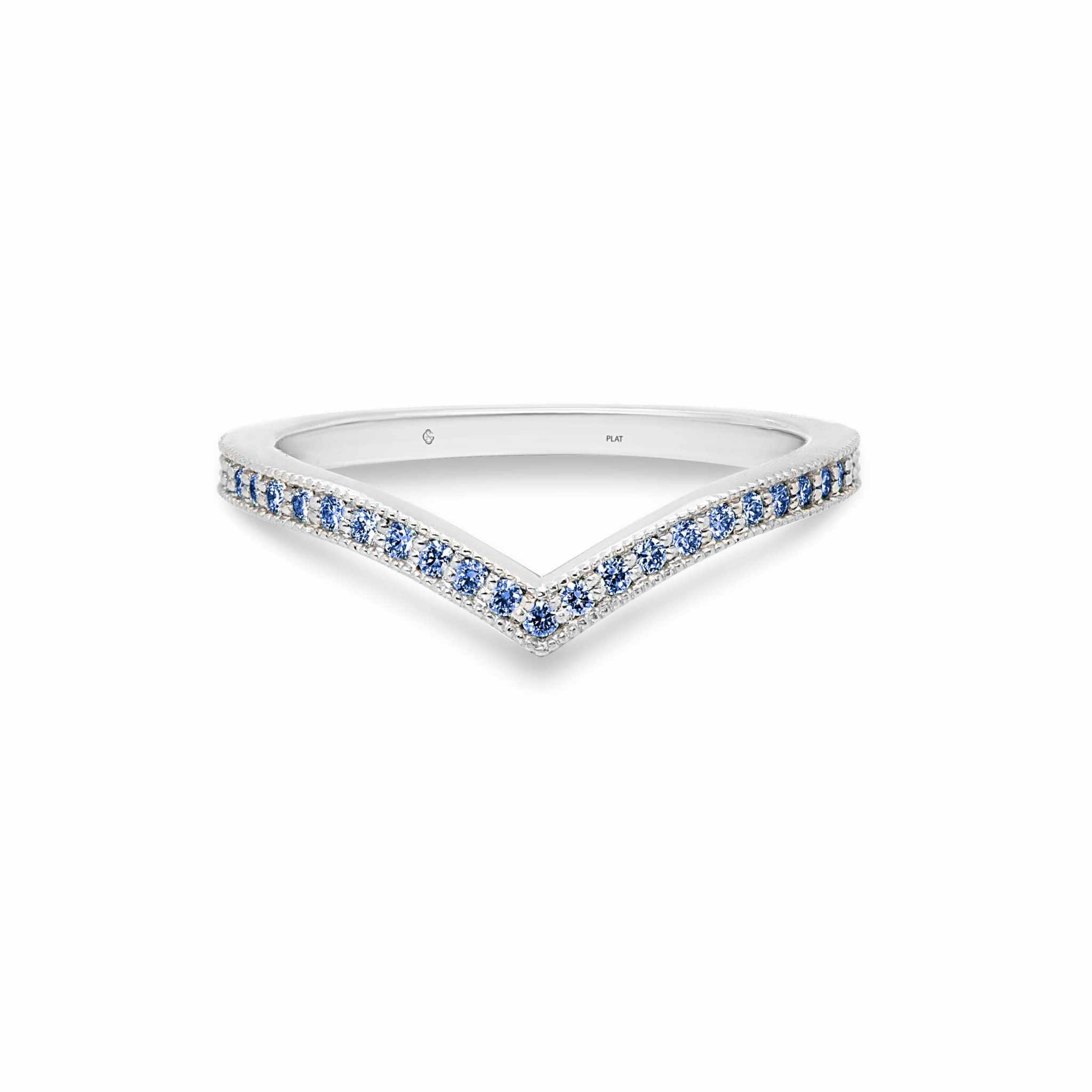 Ava Wedding Band in white gold with milgrain edge and round fancy blue diamonds in V-shape design