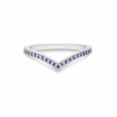 Ava Wedding Band in platinum with round fancy blue diamonds and milgrain edge in a V-shape design