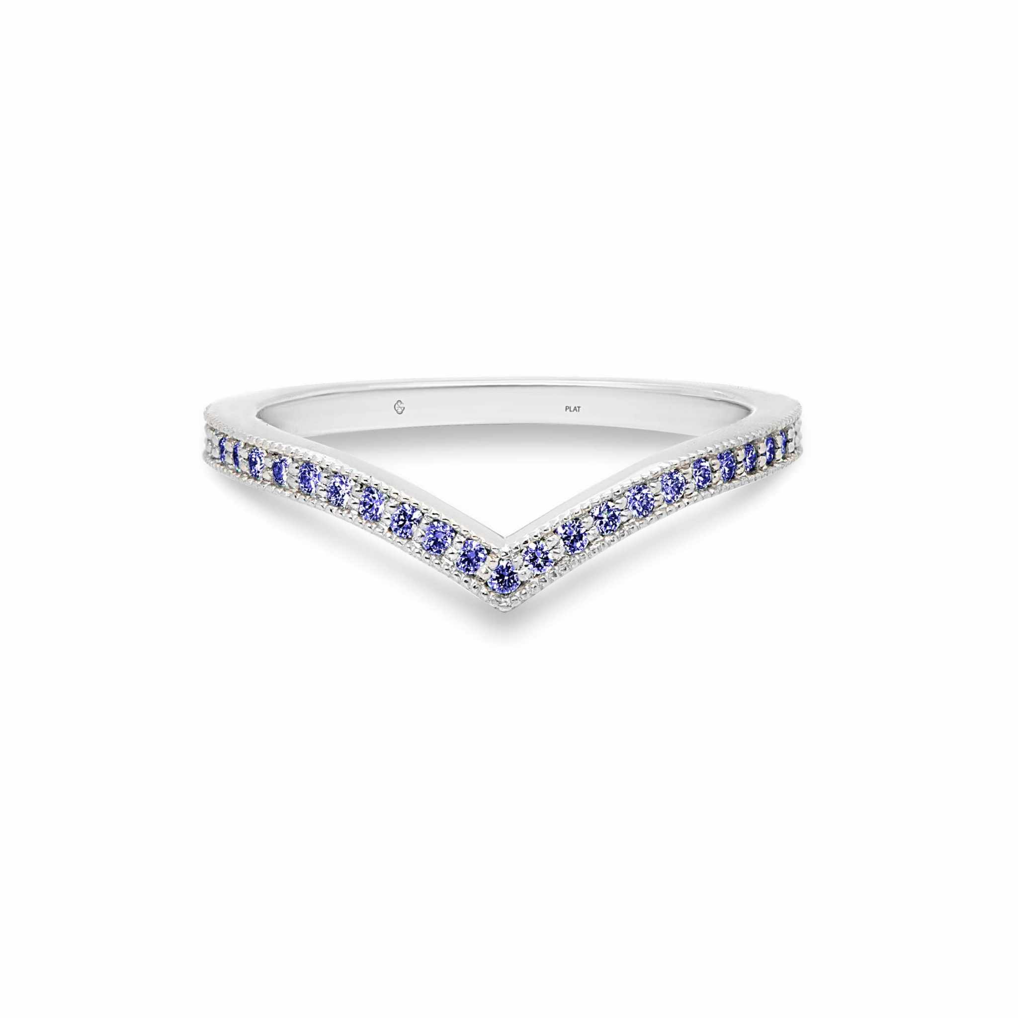 Ava Wedding Band in platinum with round fancy blue diamonds and milgrain edge in a V-shape design